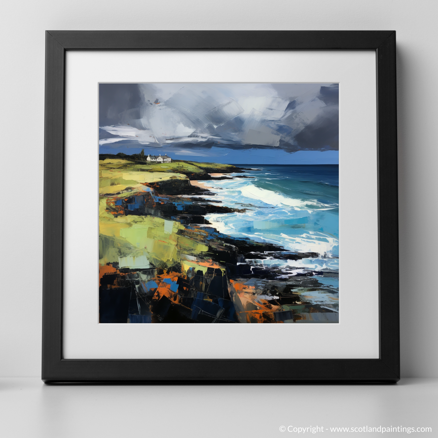 Art Print of Coldingham Bay with a stormy sky with a black frame