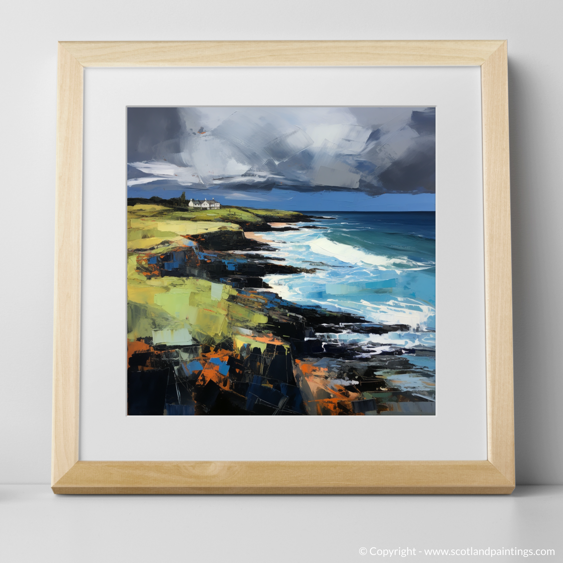 Art Print of Coldingham Bay with a stormy sky with a natural frame