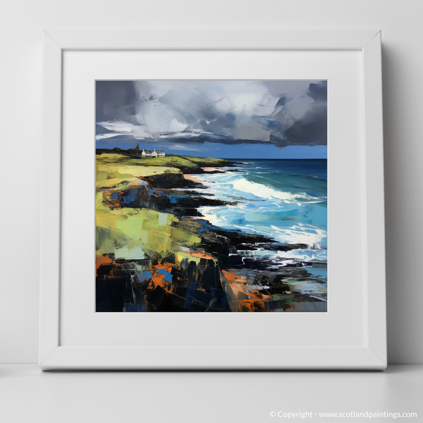 Art Print of Coldingham Bay with a stormy sky with a white frame