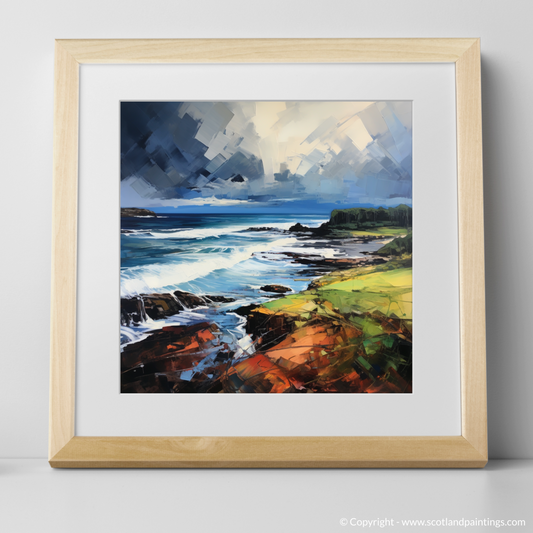 Art Print of Coldingham Bay with a stormy sky with a natural frame