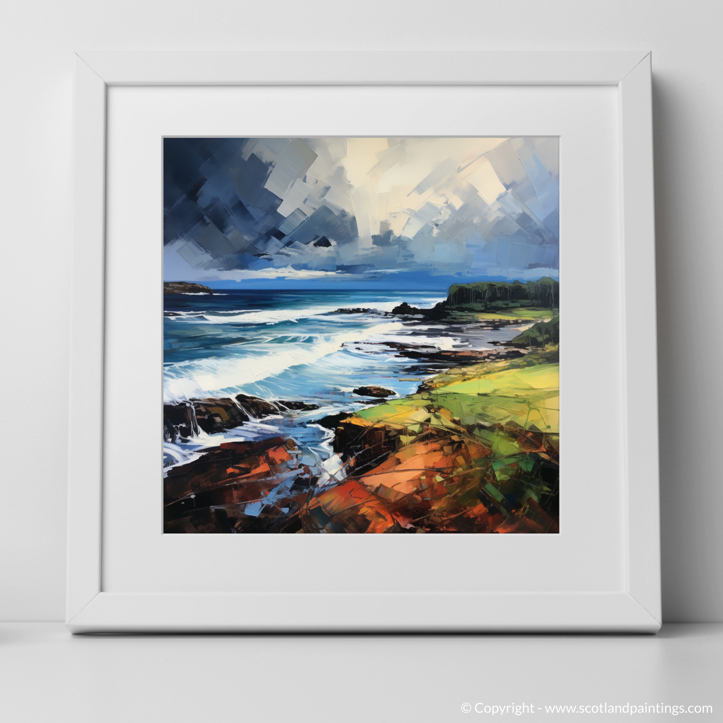 Art Print of Coldingham Bay with a stormy sky with a white frame