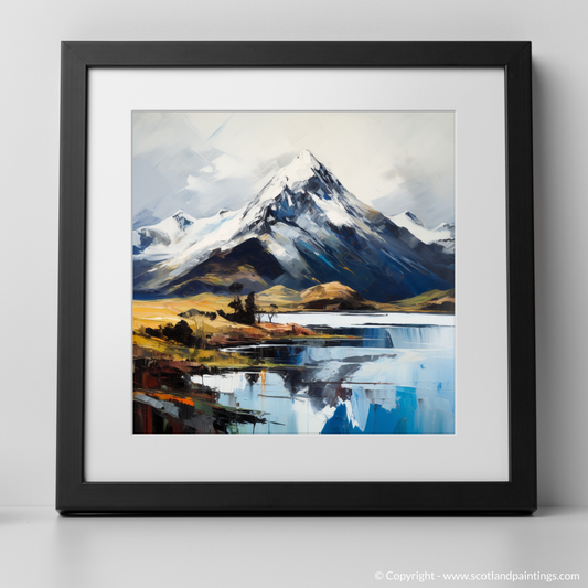 Art Print of Snow-capped peaks overlooking Loch Lomond with a black frame