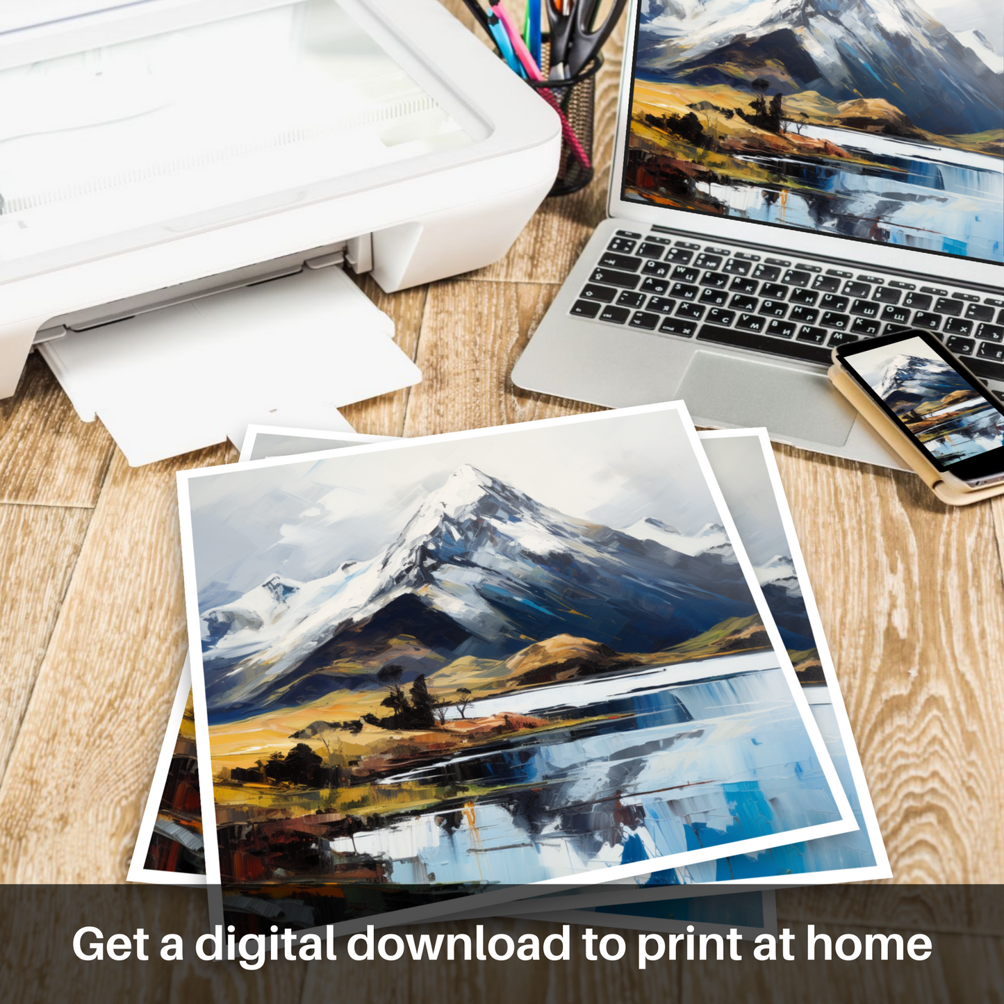 Downloadable and printable picture of Snow-capped peaks overlooking Loch Lomond
