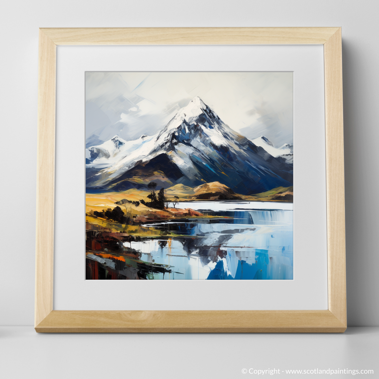 Art Print of Snow-capped peaks overlooking Loch Lomond with a natural frame