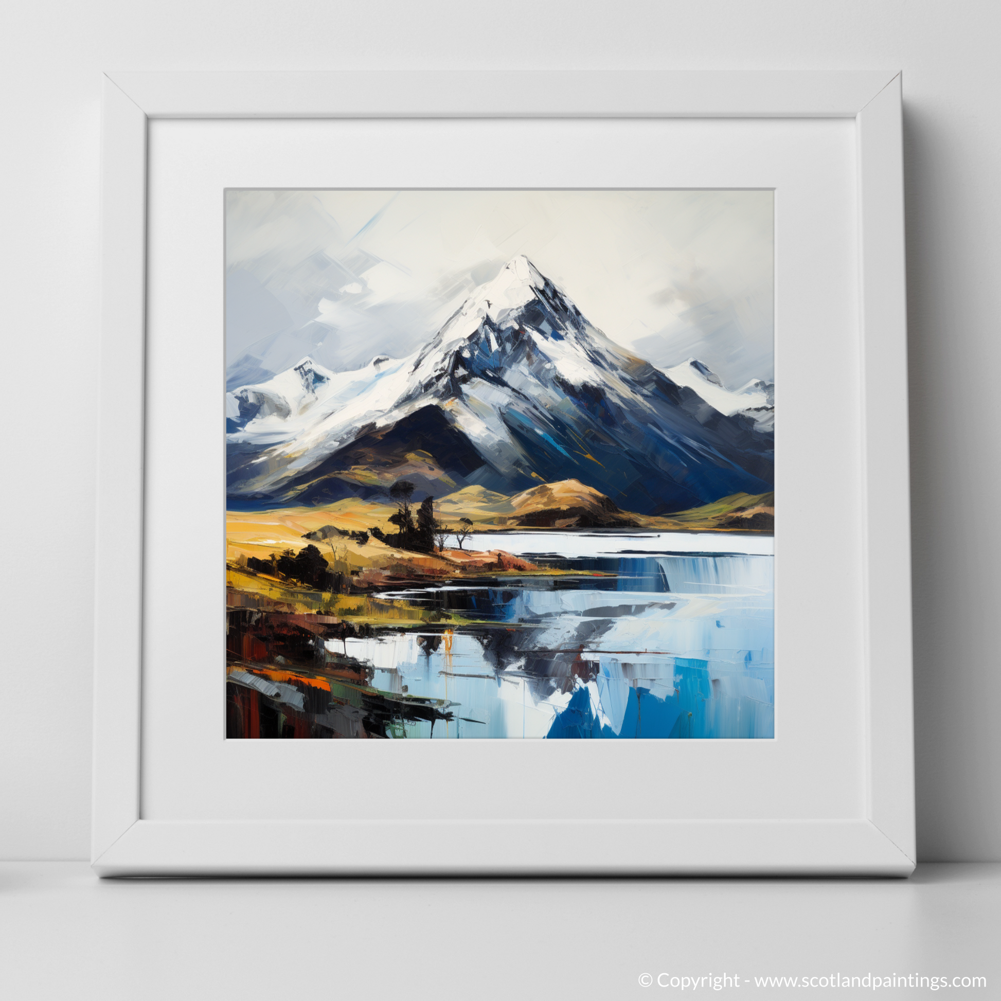 Art Print of Snow-capped peaks overlooking Loch Lomond with a white frame