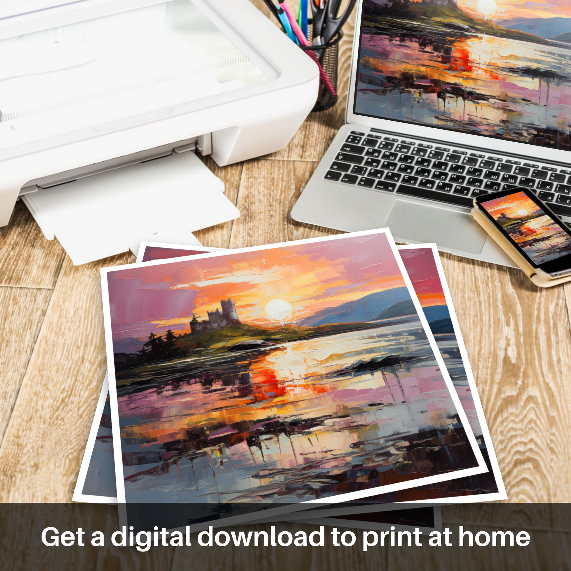Downloadable and printable picture of Castle Stalker Bay at sunset