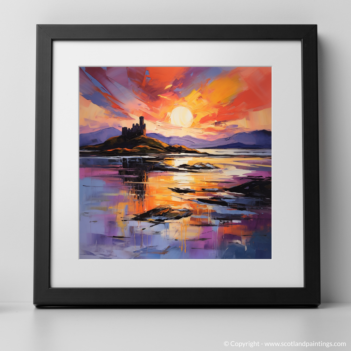 Art Print of Castle Stalker Bay at sunset with a black frame