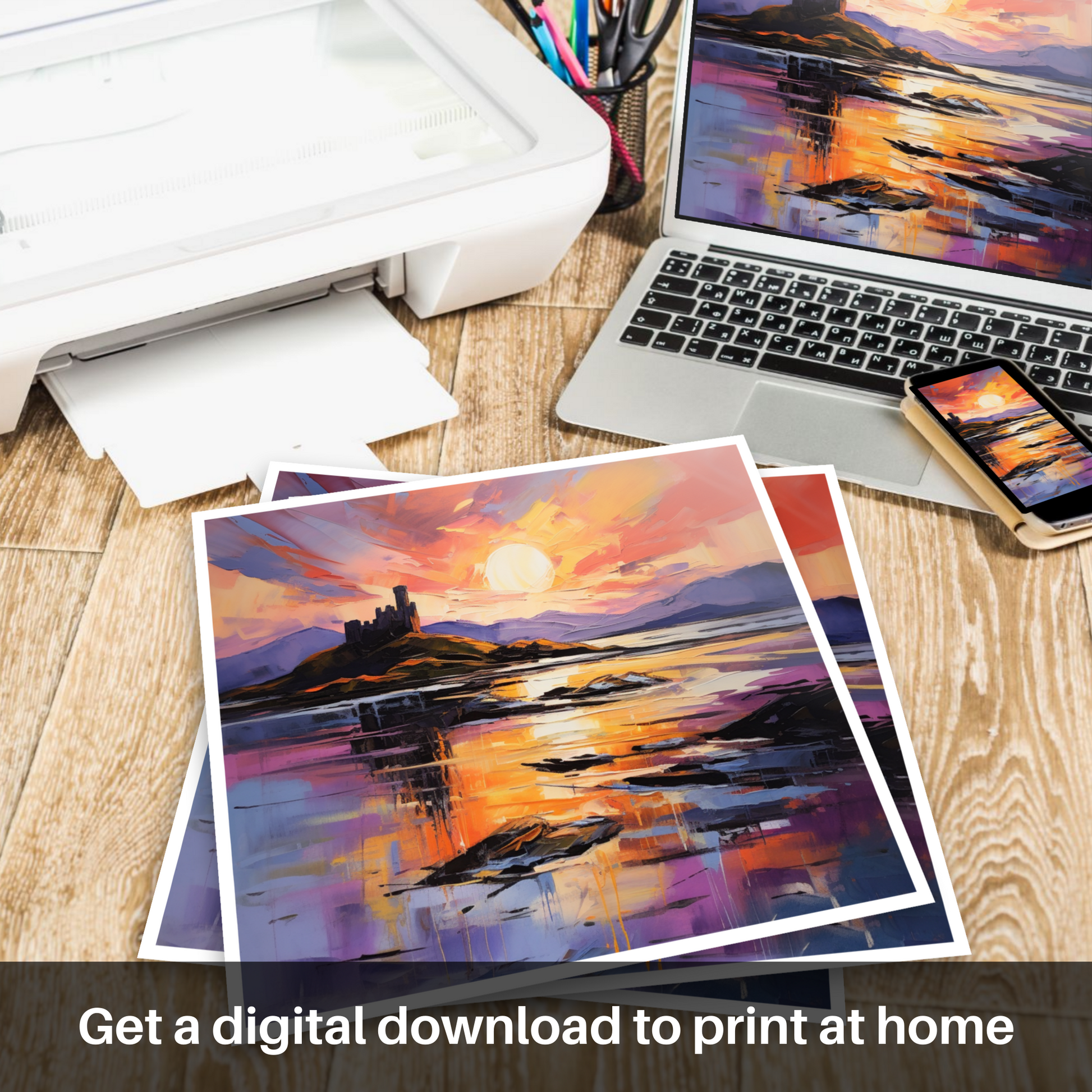 Downloadable and printable picture of Castle Stalker Bay at sunset