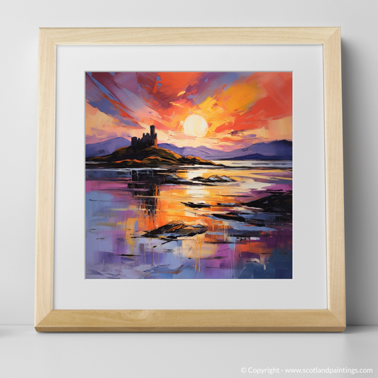 Art Print of Castle Stalker Bay at sunset with a natural frame
