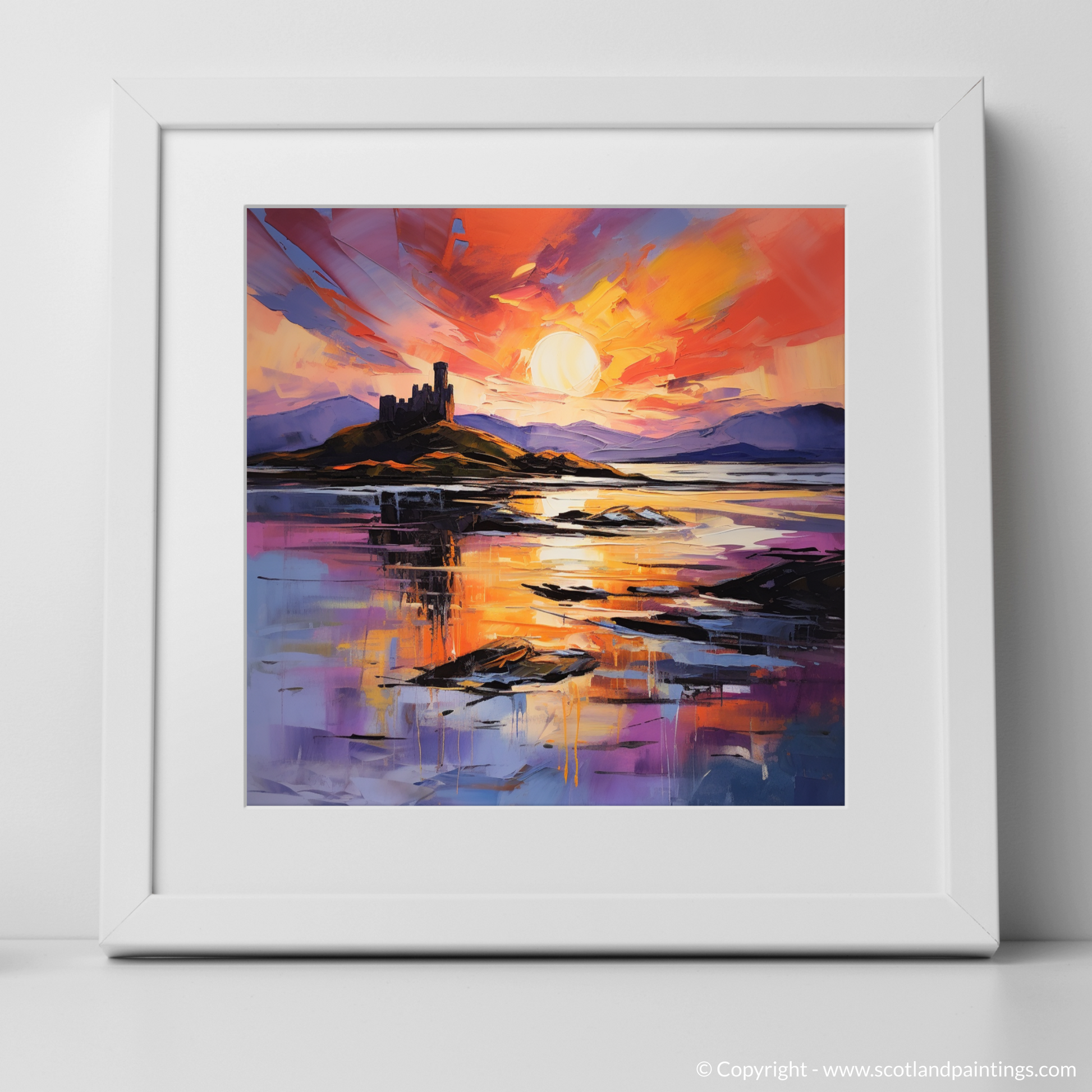 Art Print of Castle Stalker Bay at sunset with a white frame