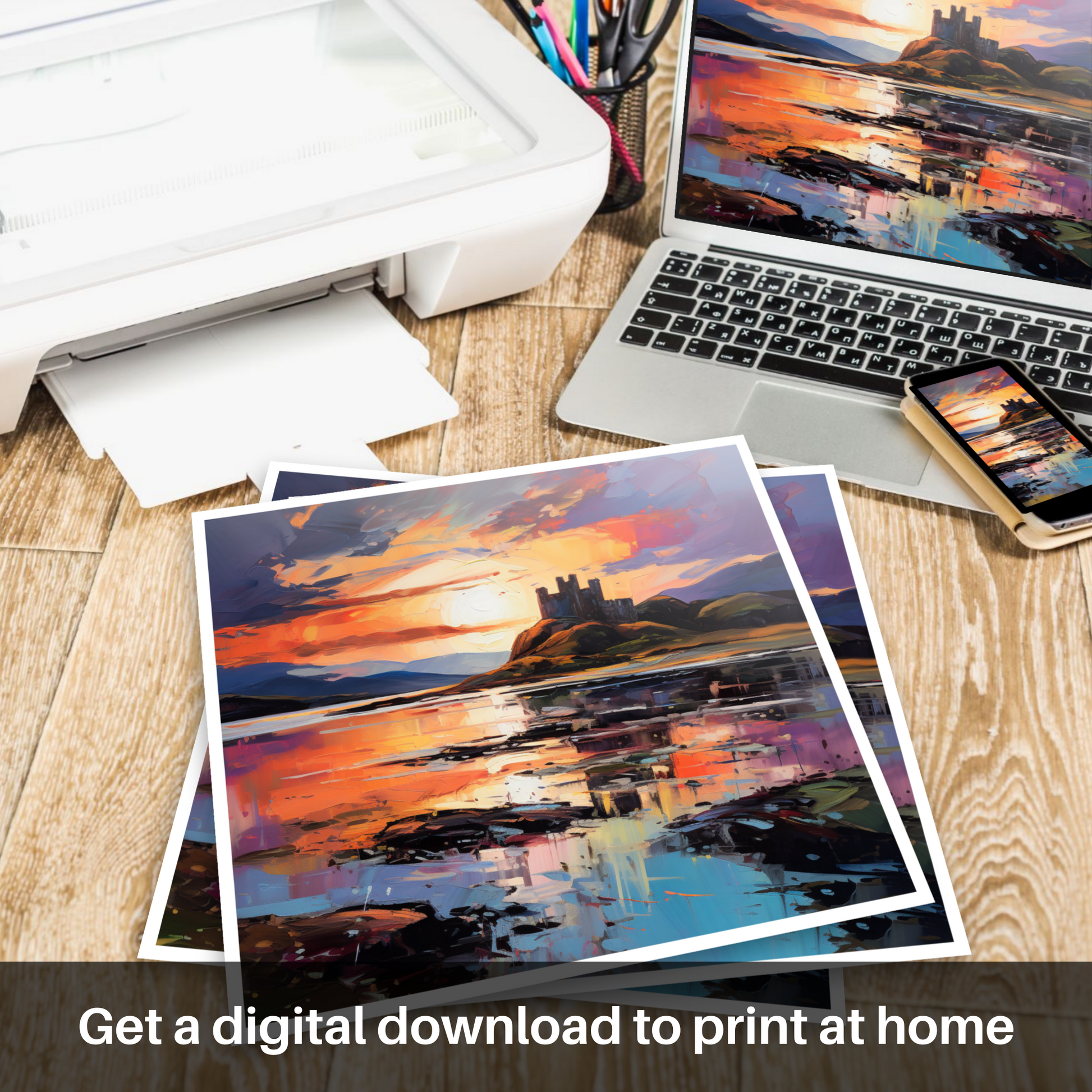 Downloadable and printable picture of Castle Stalker Bay at sunset