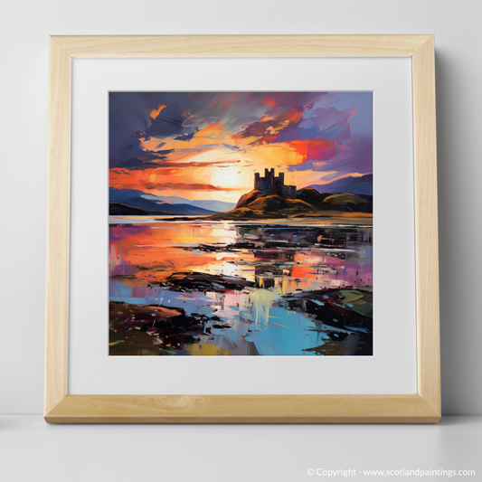 Art Print of Castle Stalker Bay at sunset with a natural frame