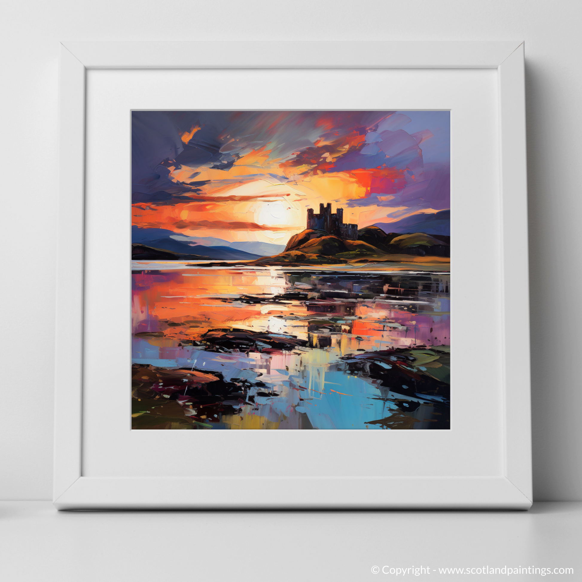 Art Print of Castle Stalker Bay at sunset with a white frame