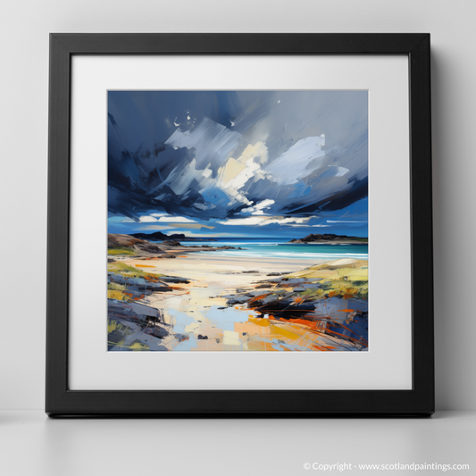 Art Print of Traigh Mhor with a stormy sky with a black frame