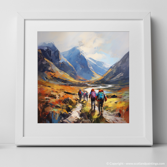 Art Print of Group of hikers at trail start in Glencoe with a white frame