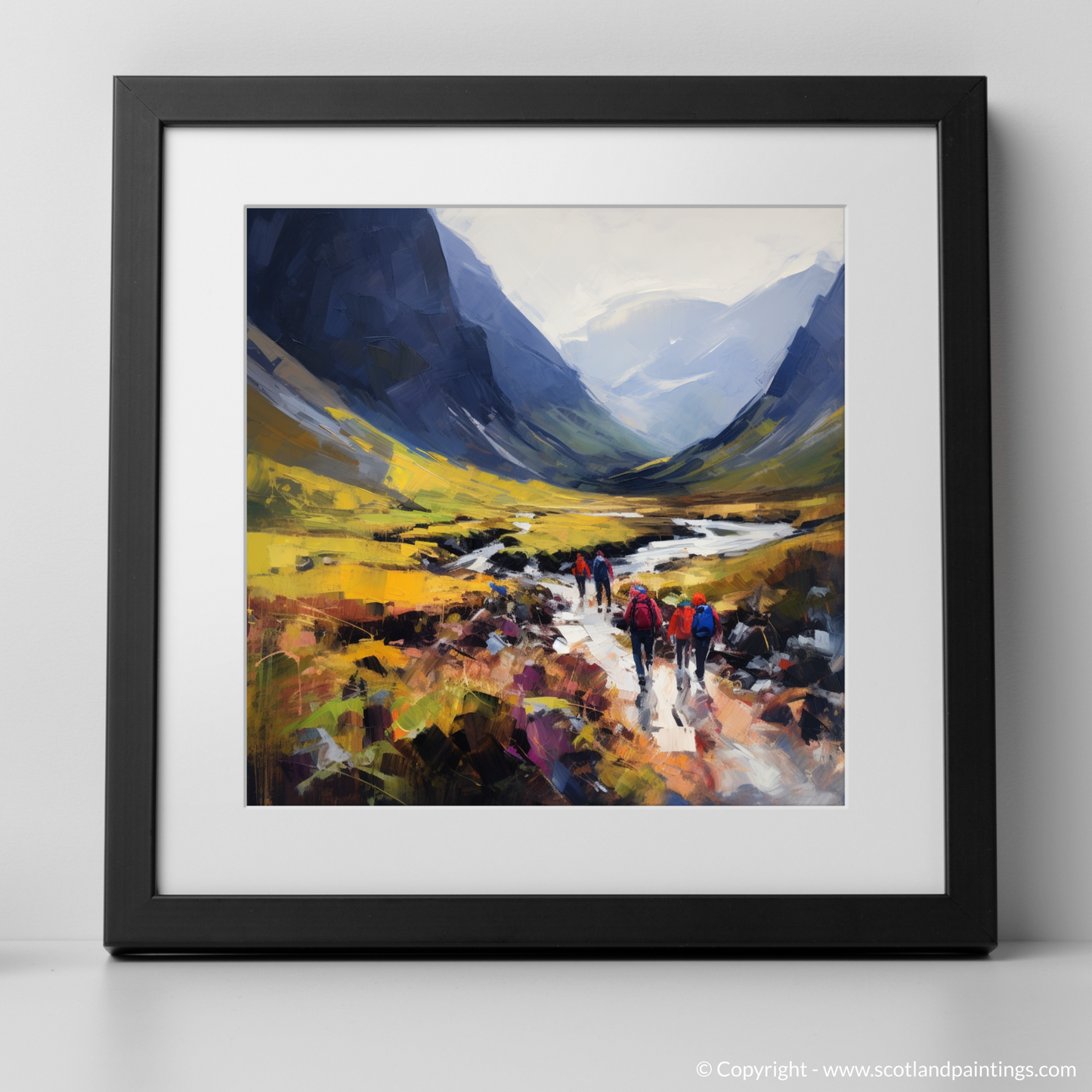 Art Print of Group of hikers at trail start in Glencoe with a black frame