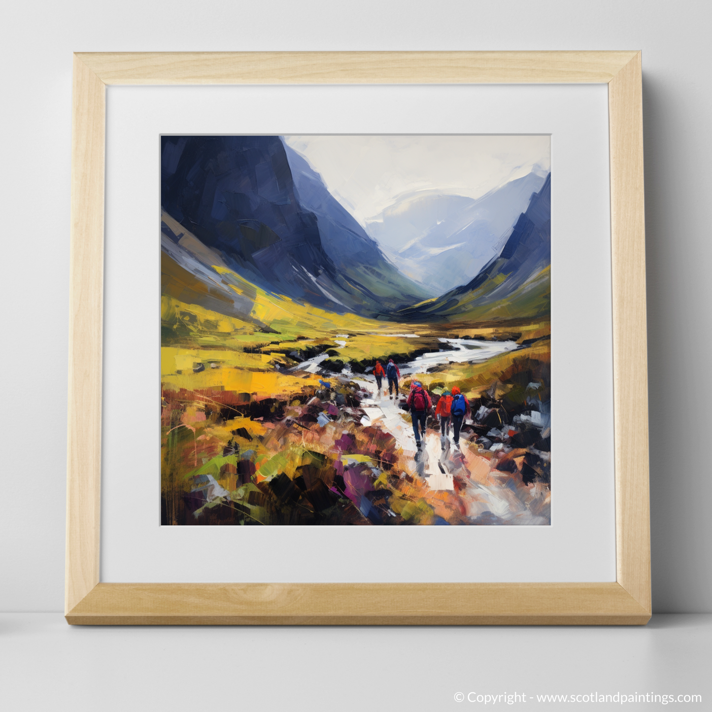 Art Print of Group of hikers at trail start in Glencoe with a natural frame