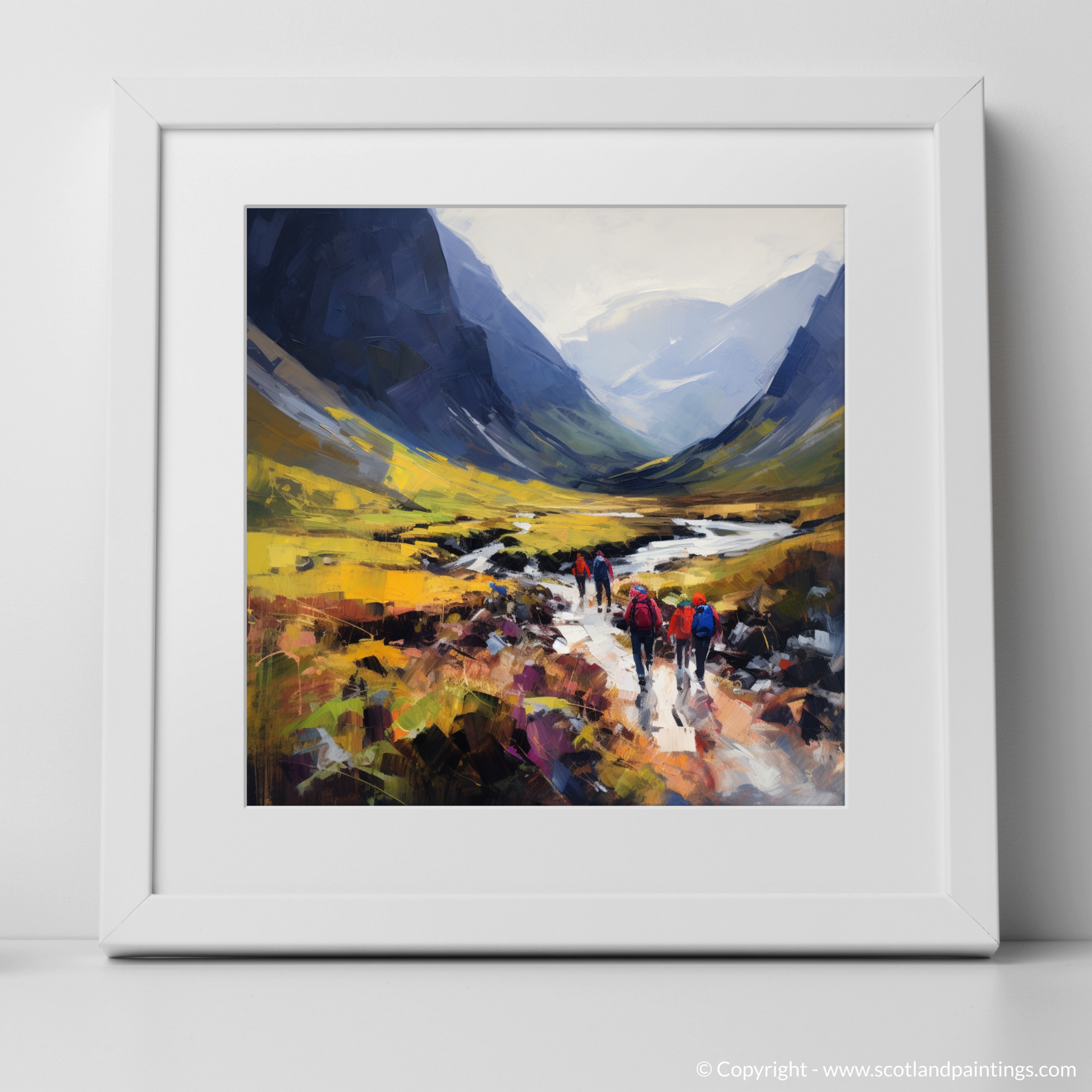 Art Print of Group of hikers at trail start in Glencoe with a white frame