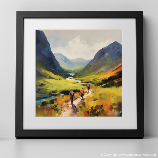 Art Print of Group of hikers at trail start in Glencoe with a black frame