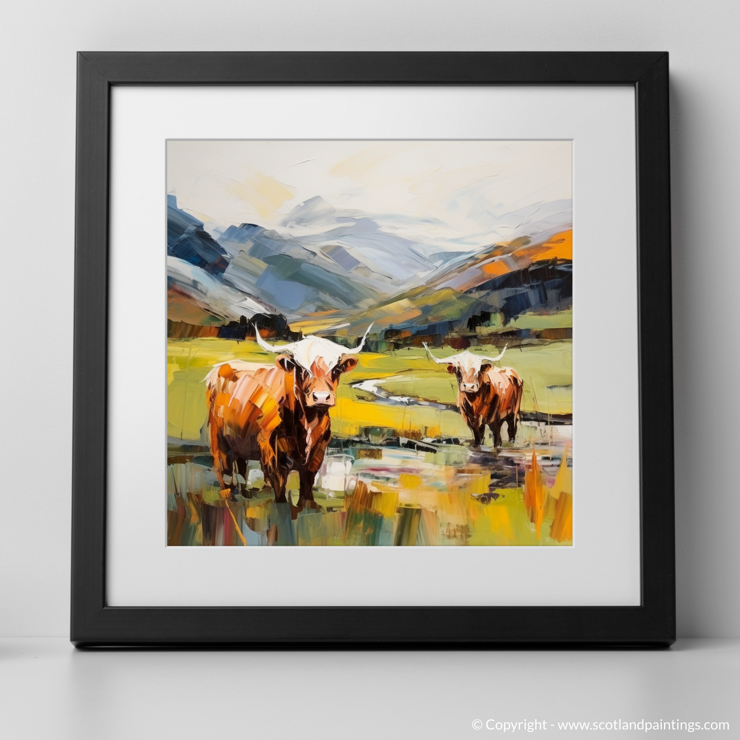 Art Print of Highland cows in Glencoe with a black frame