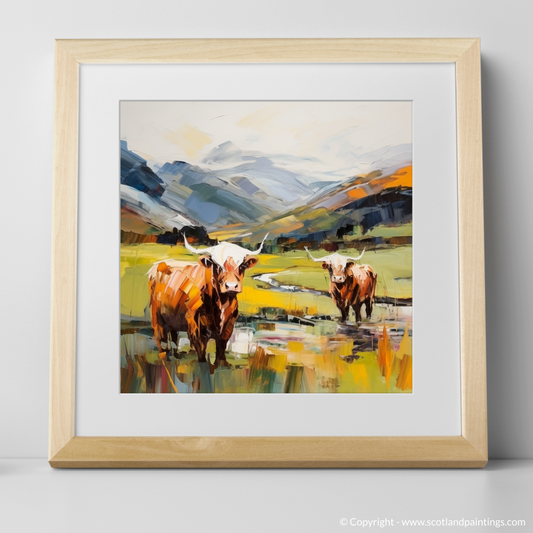 Art Print of Highland cows in Glencoe with a natural frame