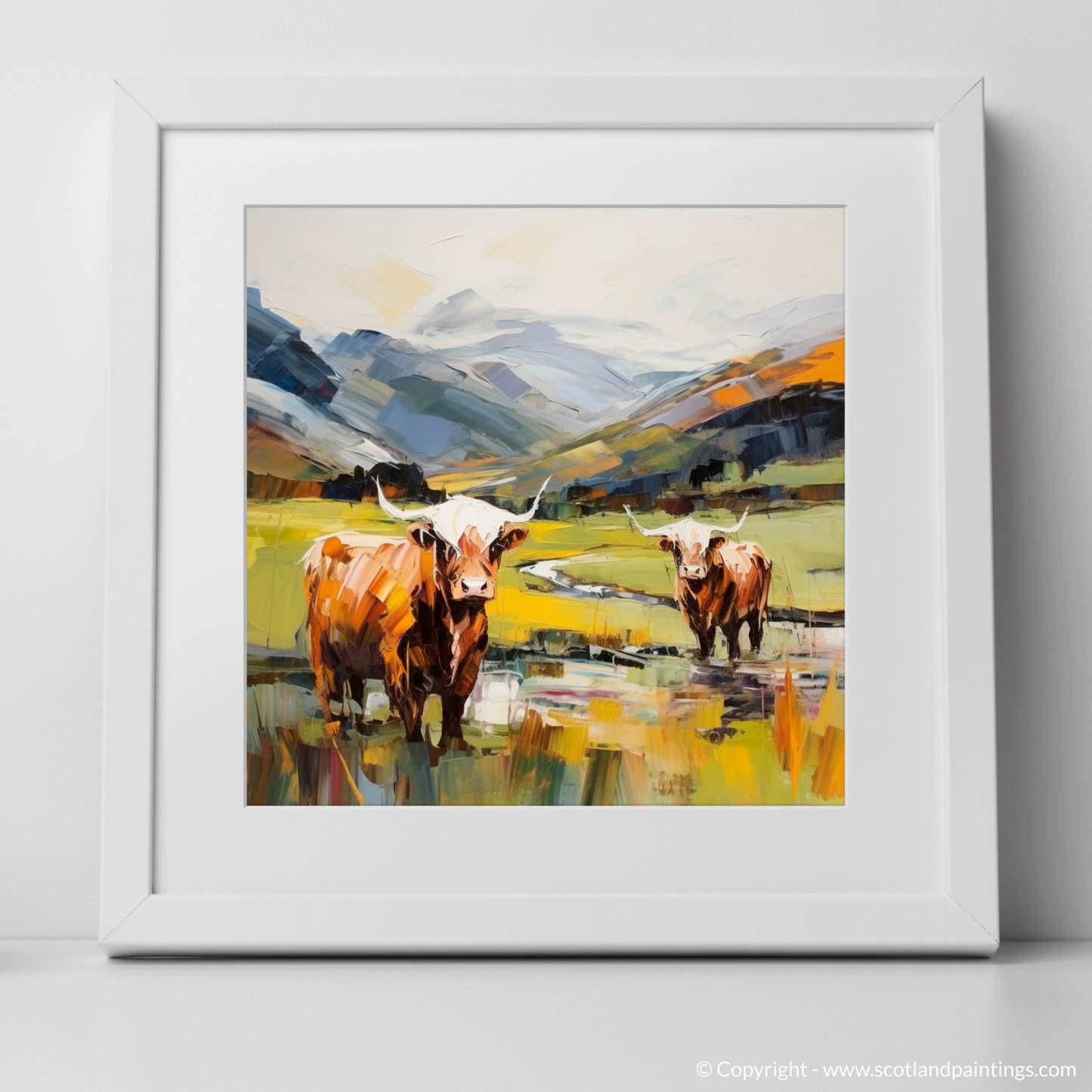 Art Print of Highland cows in Glencoe with a white frame