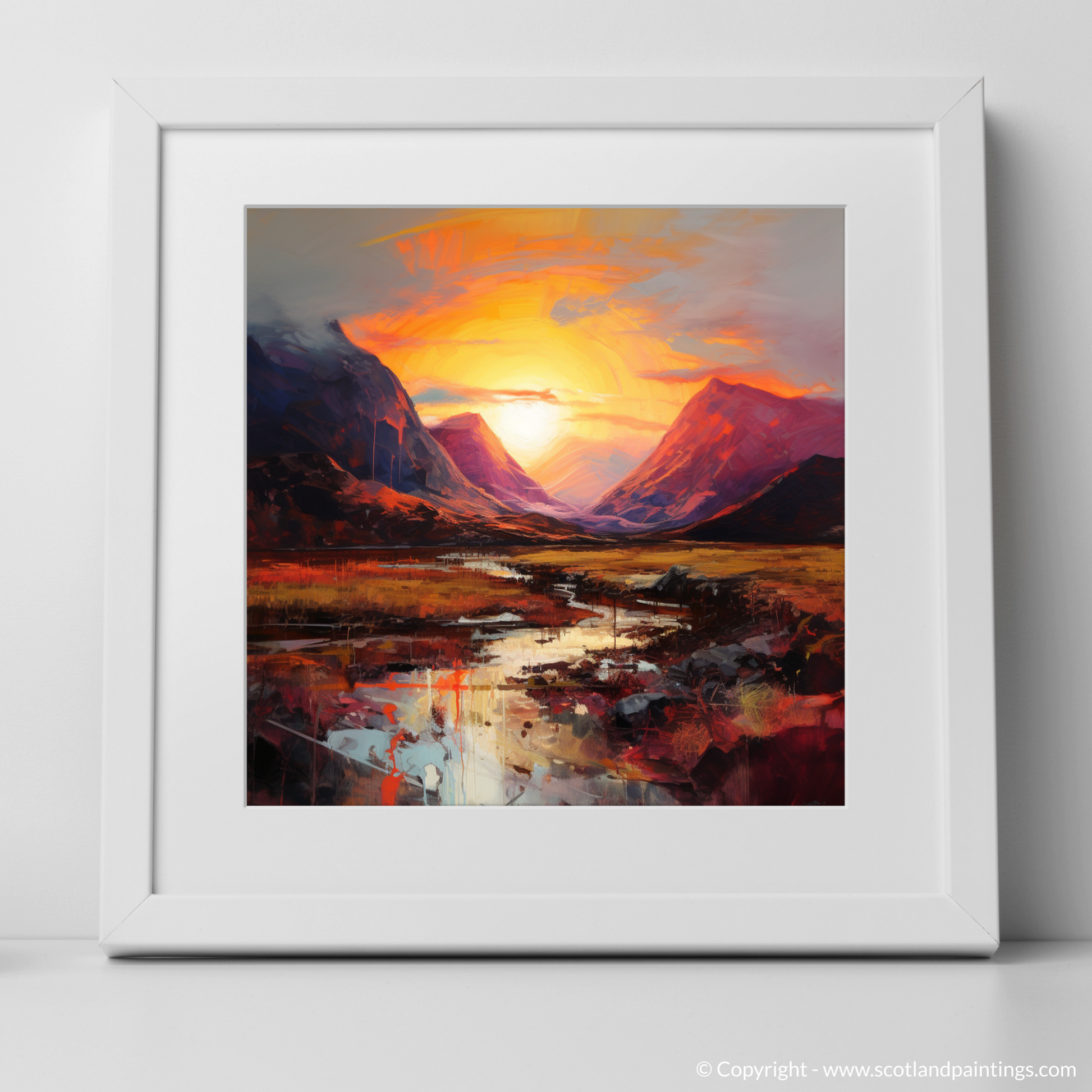 Art Print of Sunset glow in Glencoe with a white frame