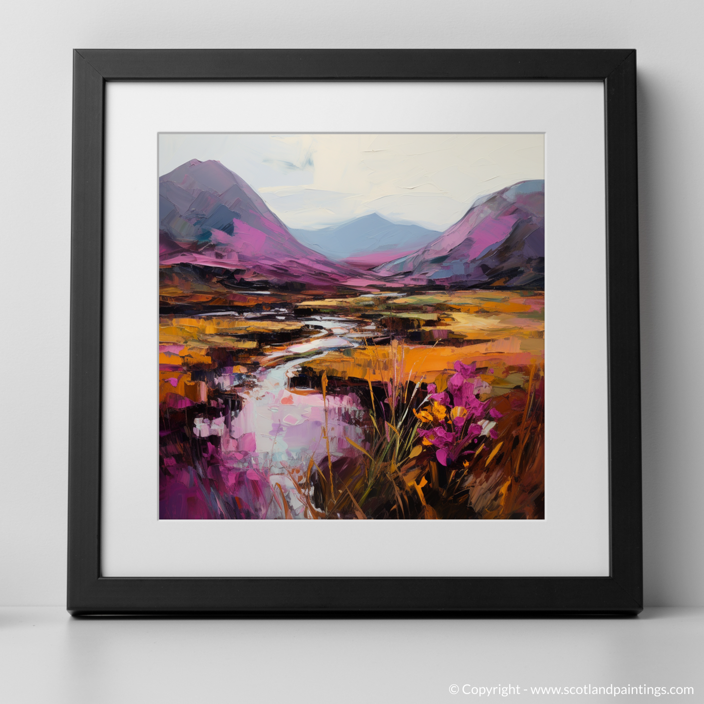 Painting and Art Print of Purple heather in Glencoe. Heather Hues of Glencoe: An Expressive Highland Symphony.