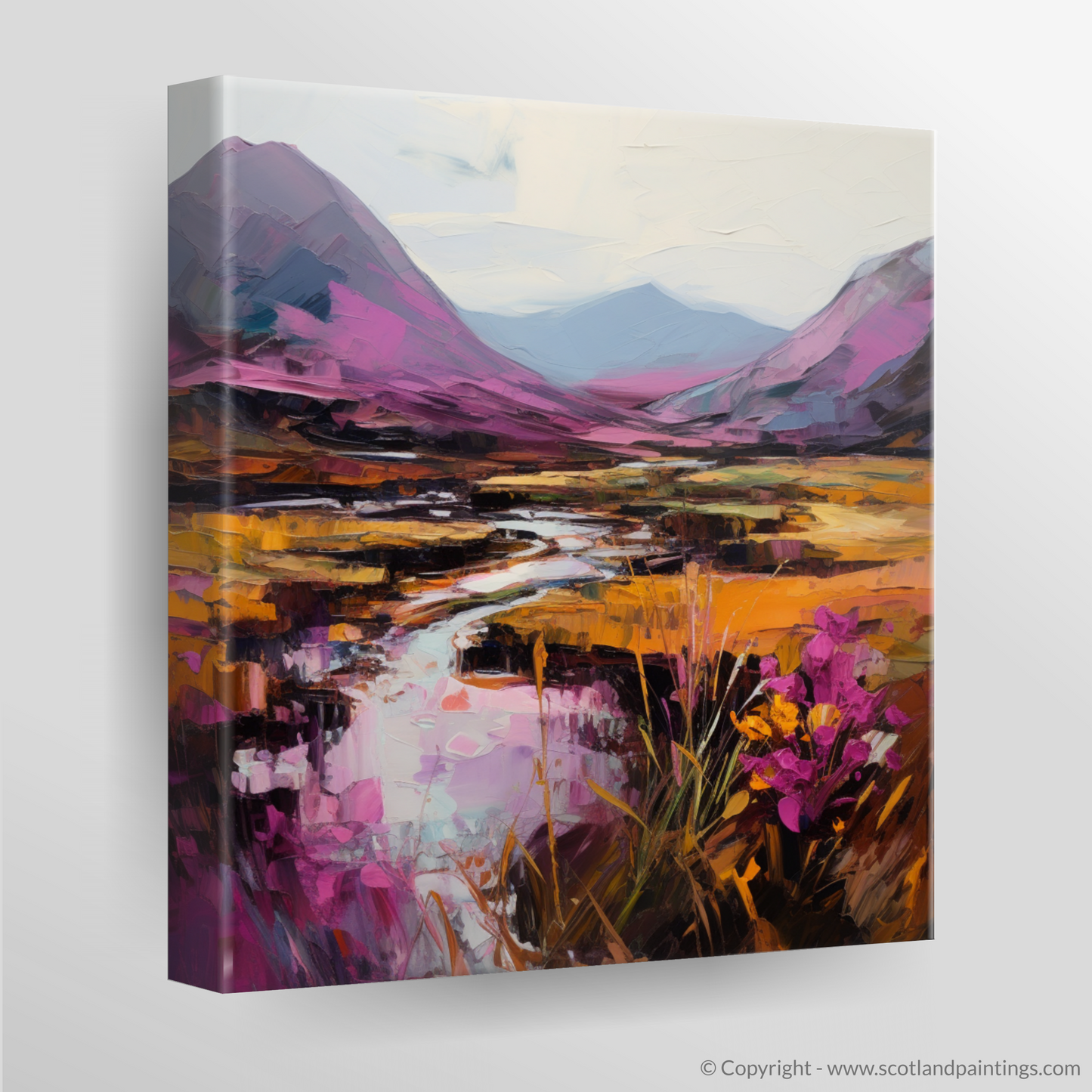 Painting and Art Print of Purple heather in Glencoe. Heather Hues of Glencoe: An Expressive Highland Symphony.