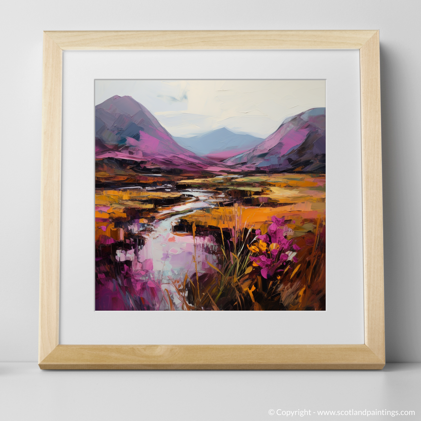 Painting and Art Print of Purple heather in Glencoe. Heather Hues of Glencoe: An Expressive Highland Symphony.