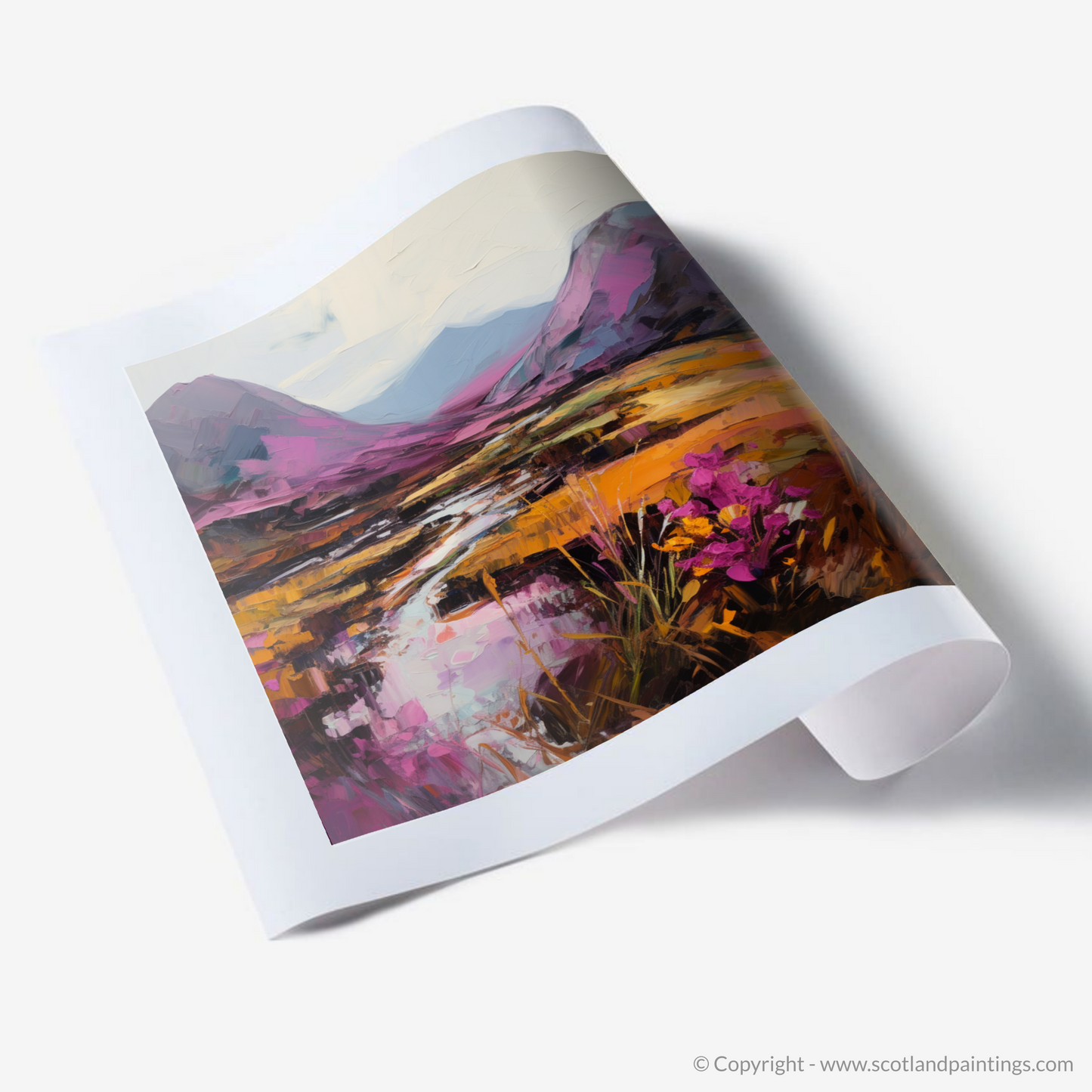 Painting and Art Print of Purple heather in Glencoe. Heather Hues of Glencoe: An Expressive Highland Symphony.