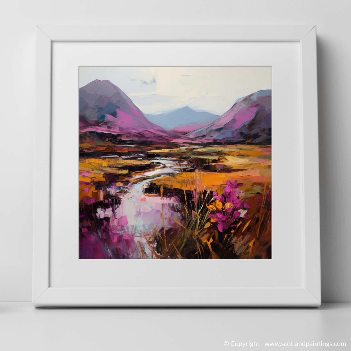 Painting and Art Print of Purple heather in Glencoe. Heather Hues of Glencoe: An Expressive Highland Symphony.