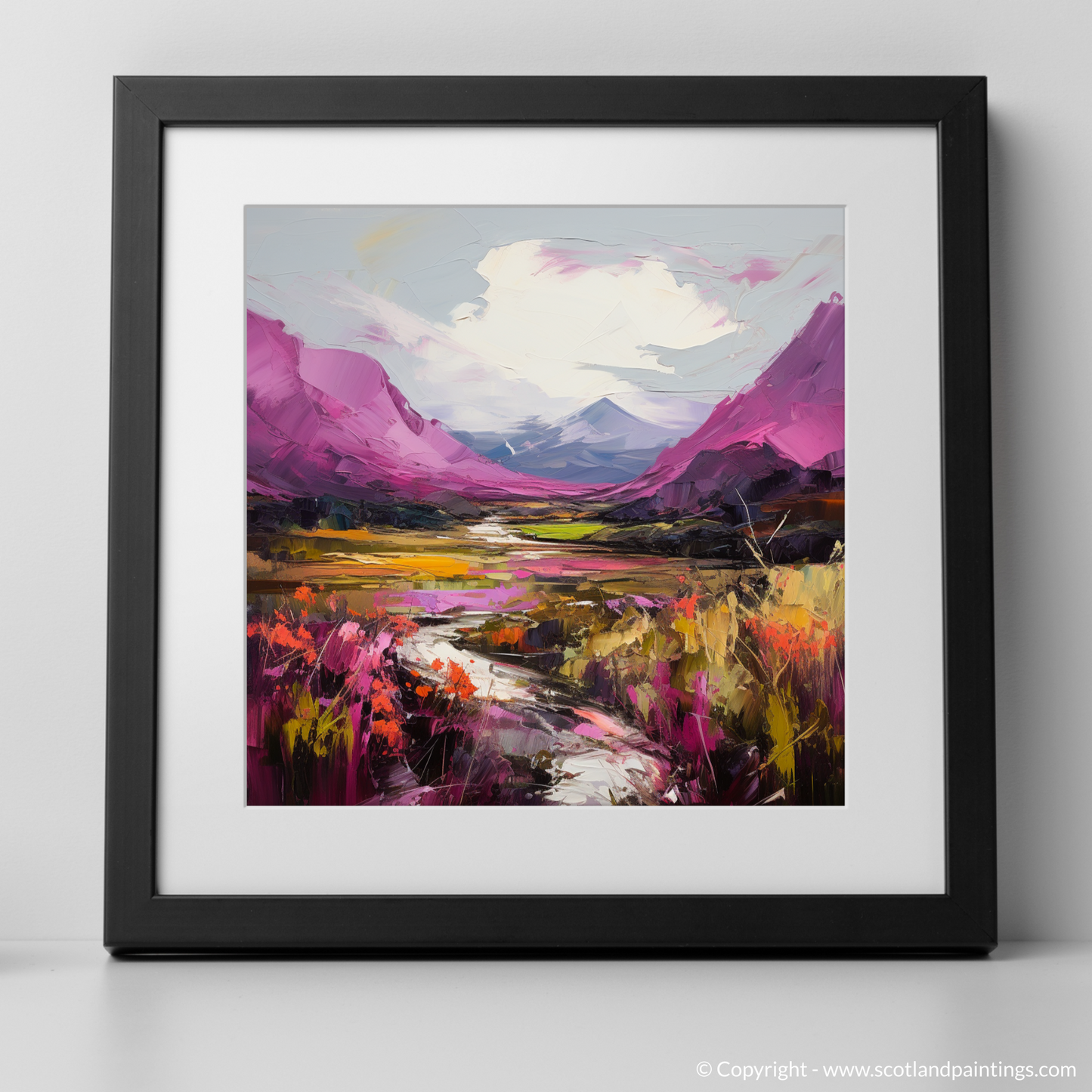 Painting and Art Print of Purple heather in Glencoe. Majestic Heather in the Highlands: An Expressionist Ode to Glencoe.