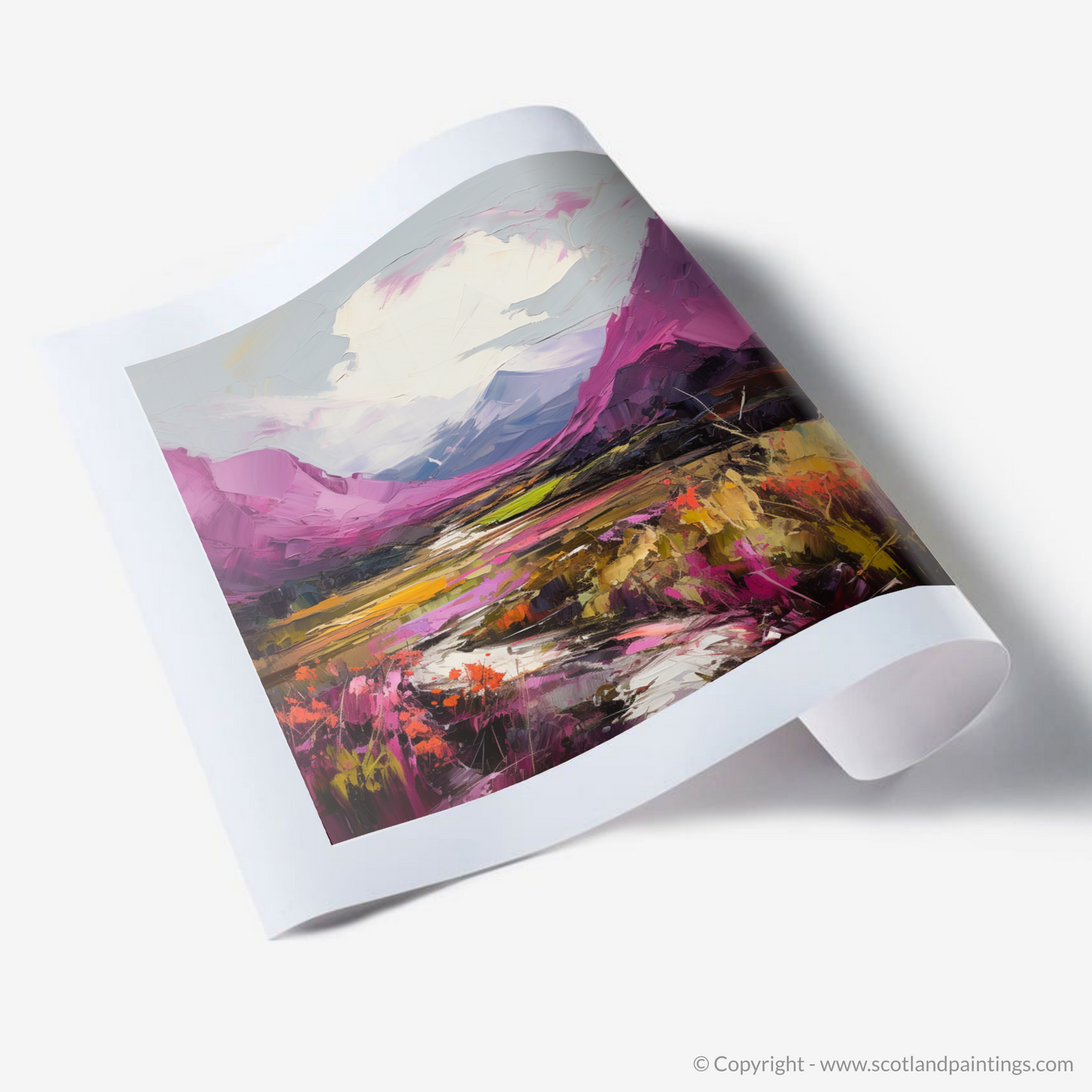 Painting and Art Print of Purple heather in Glencoe. Majestic Heather in the Highlands: An Expressionist Ode to Glencoe.