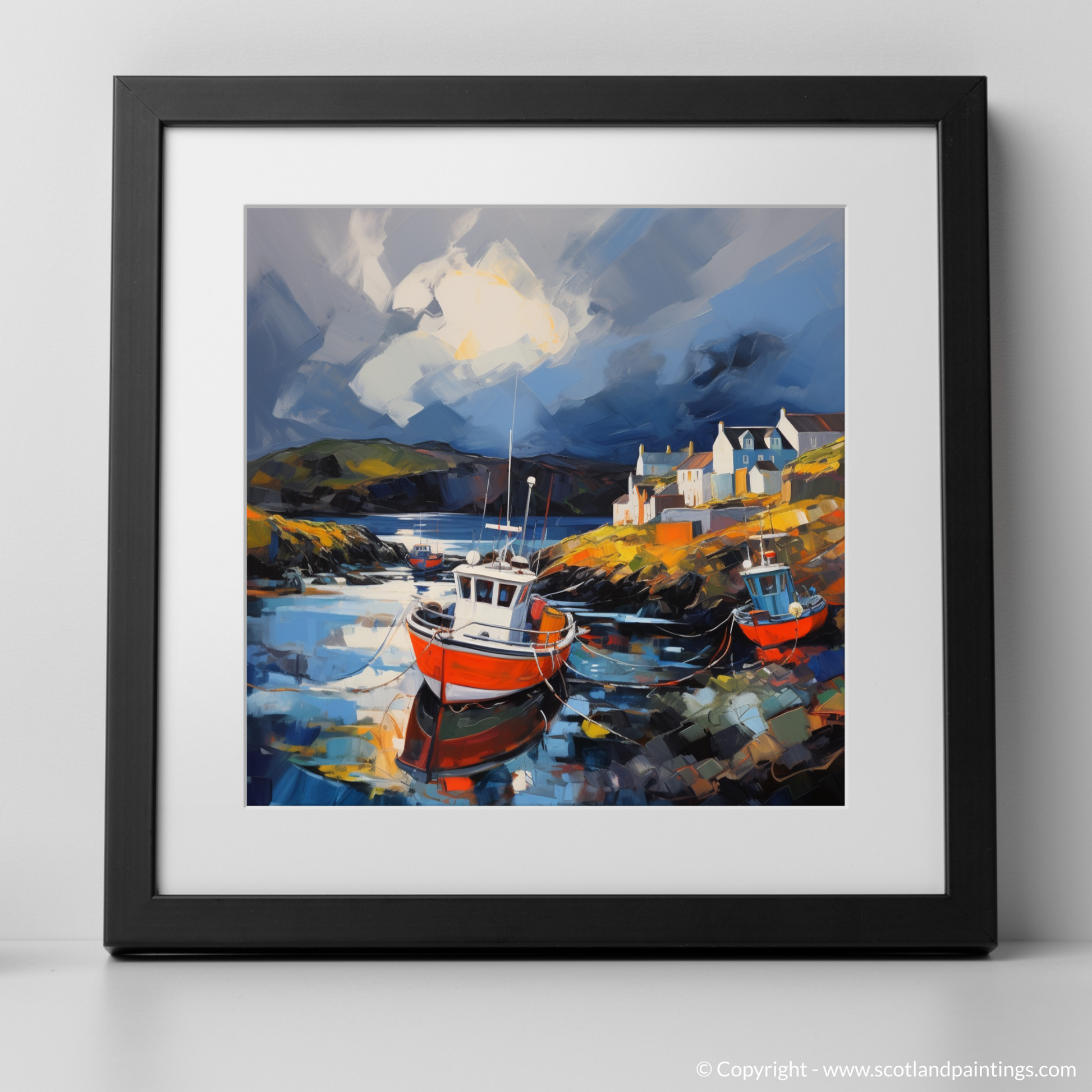 Art Print of Castlebay Harbour with a stormy sky with a black frame