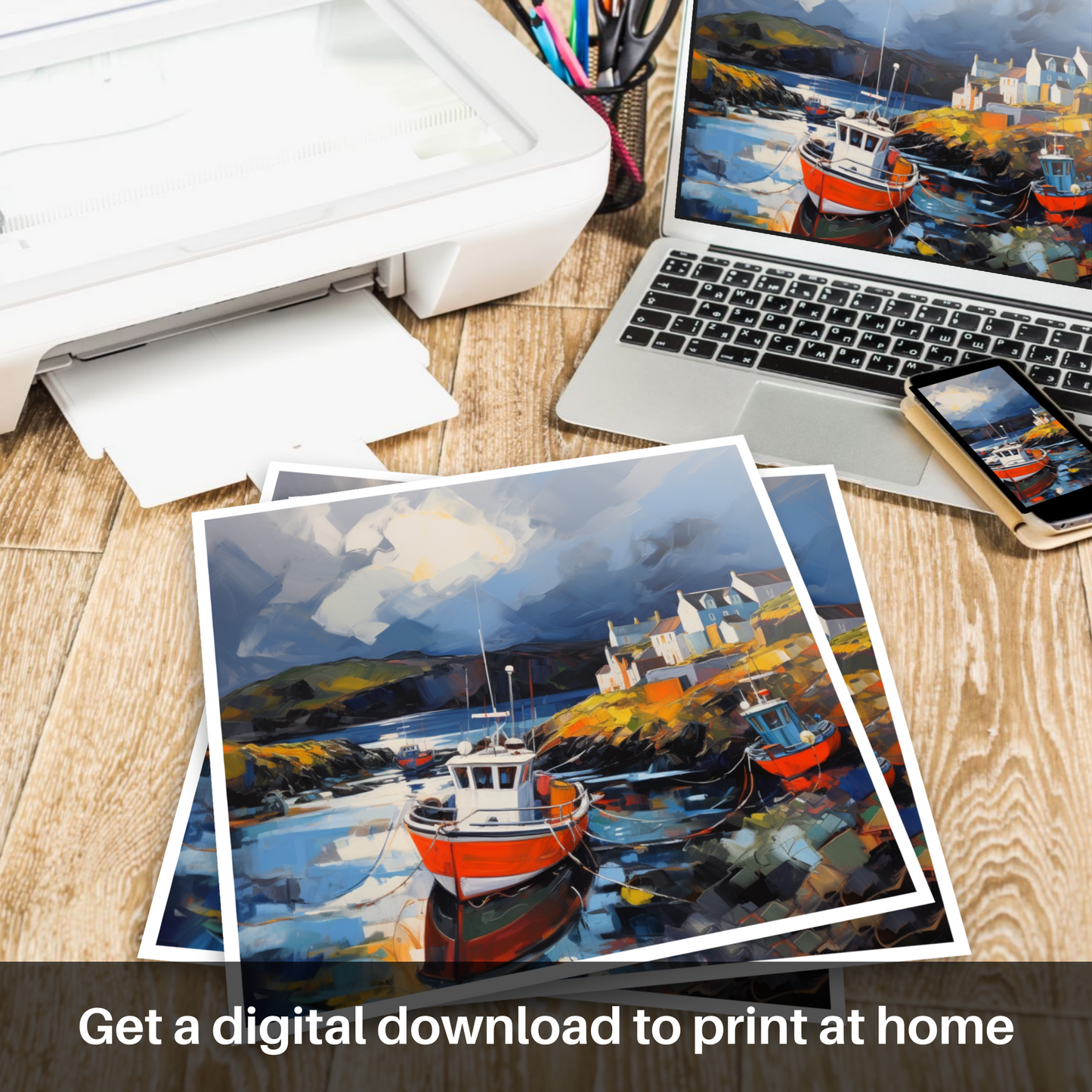 Downloadable and printable picture of Castlebay Harbour with a stormy sky