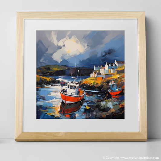 Art Print of Castlebay Harbour with a stormy sky with a natural frame