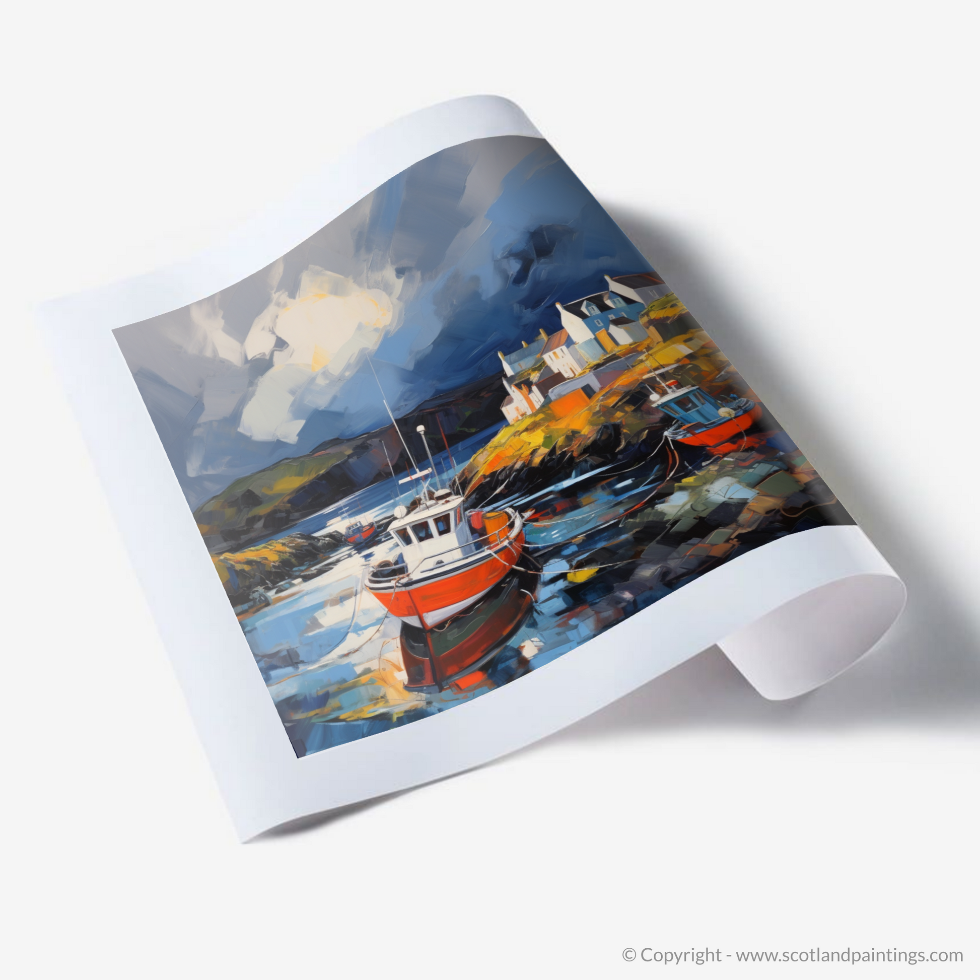 Art Print of Castlebay Harbour with a stormy sky