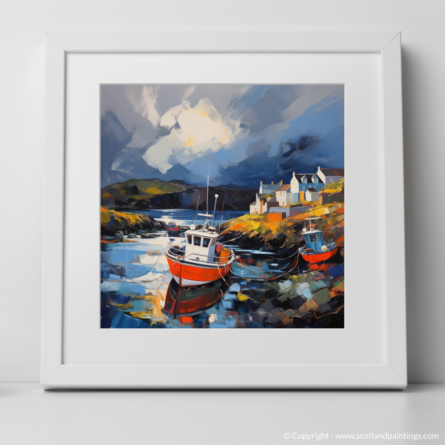 Art Print of Castlebay Harbour with a stormy sky with a white frame