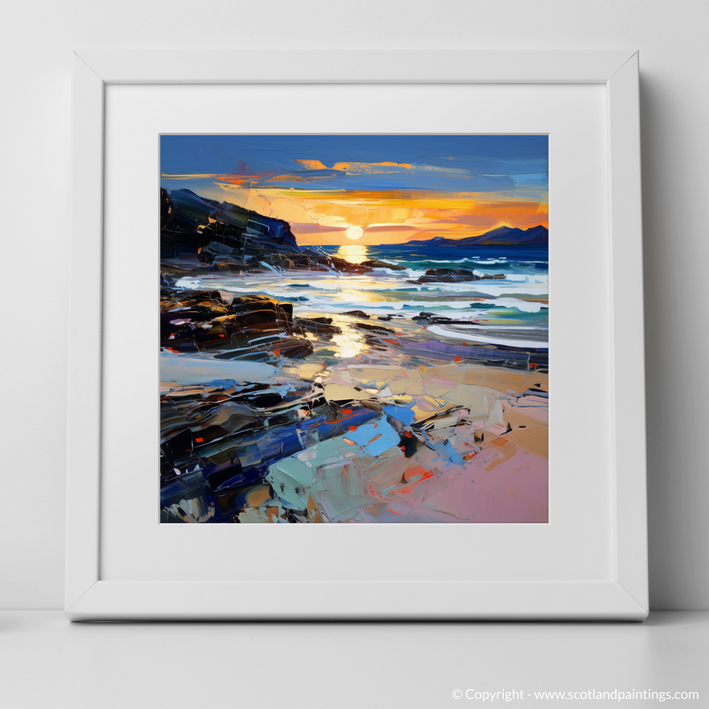 Art Print of Seilebost Beach at dusk with a white frame