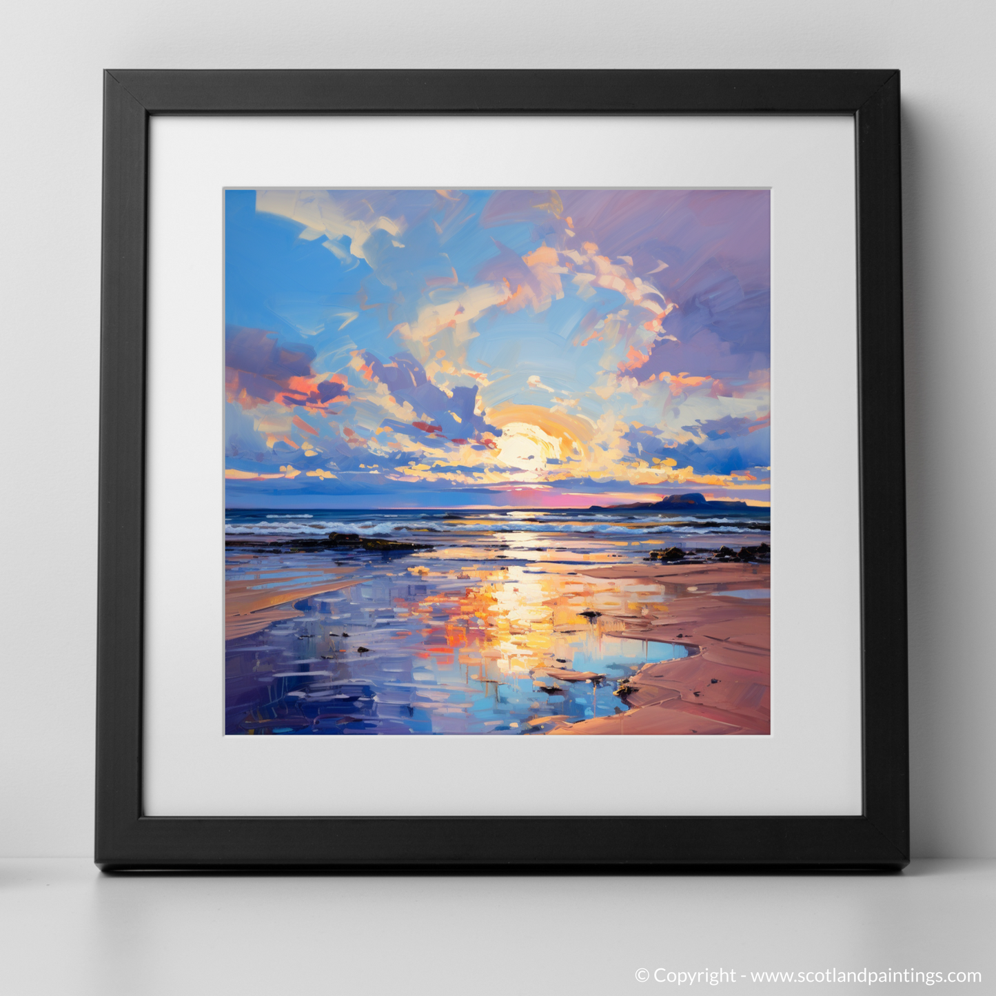 Art Print of Longniddry Beach at sunset with a black frame