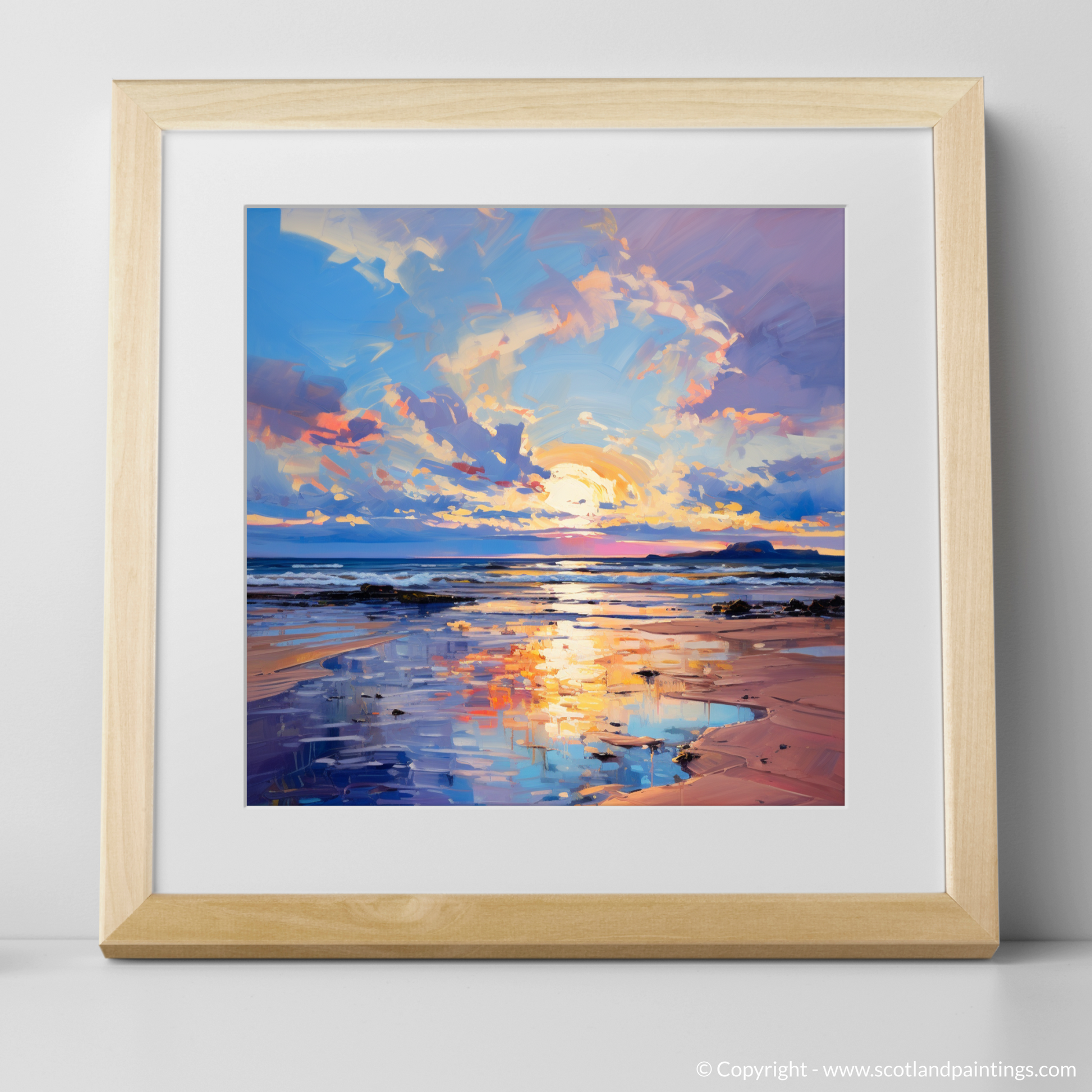 Art Print of Longniddry Beach at sunset with a natural frame