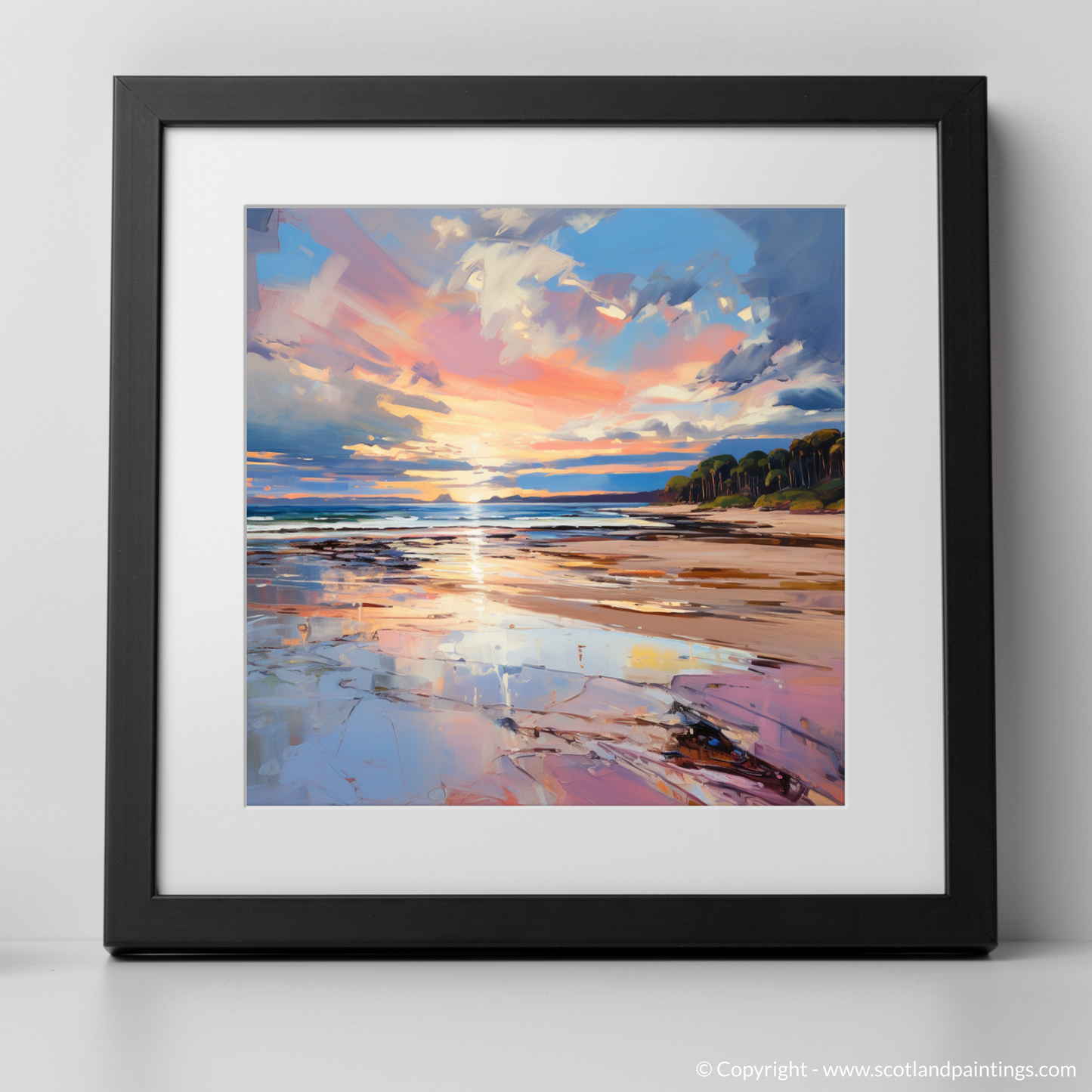 Art Print of Longniddry Beach at sunset with a black frame