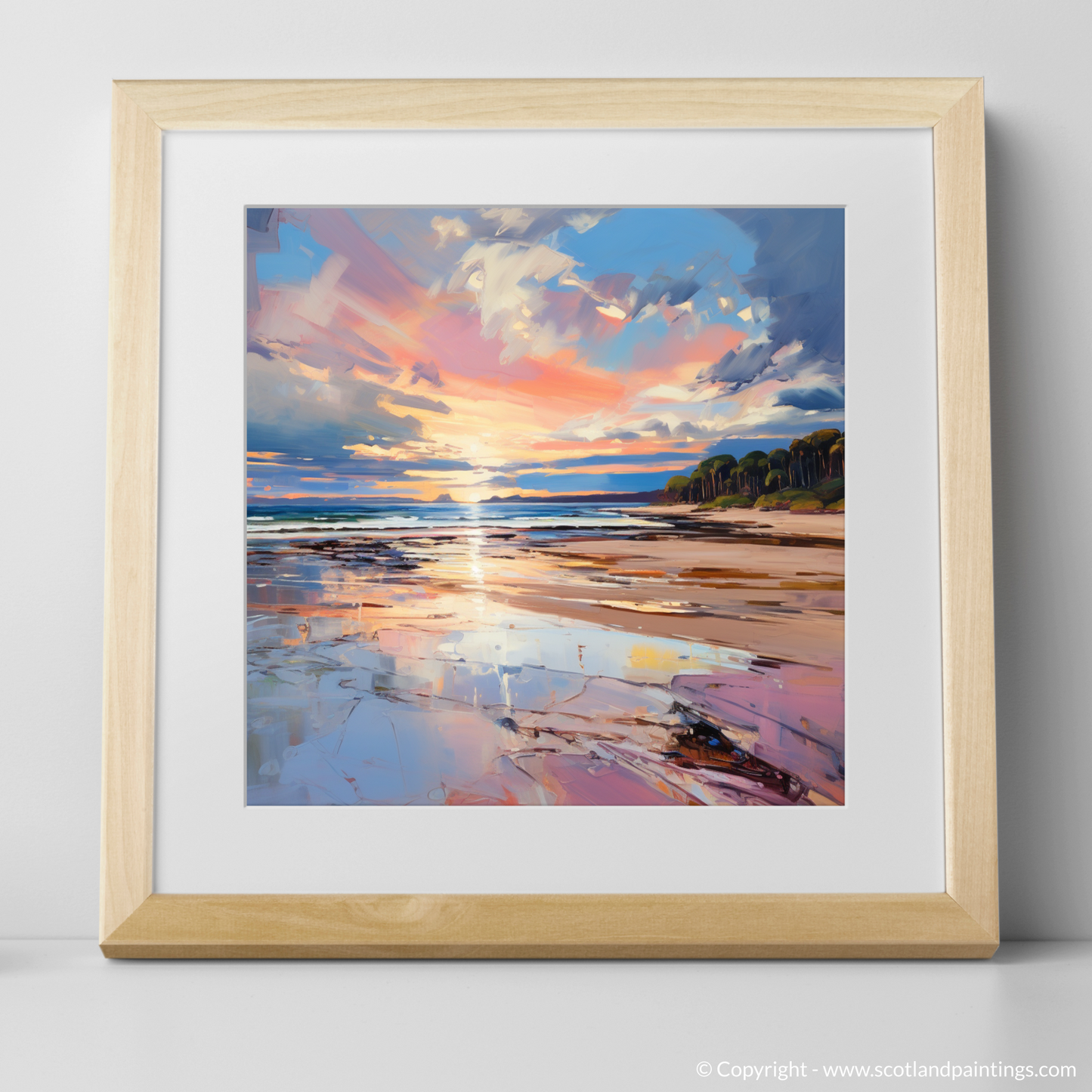 Art Print of Longniddry Beach at sunset with a natural frame