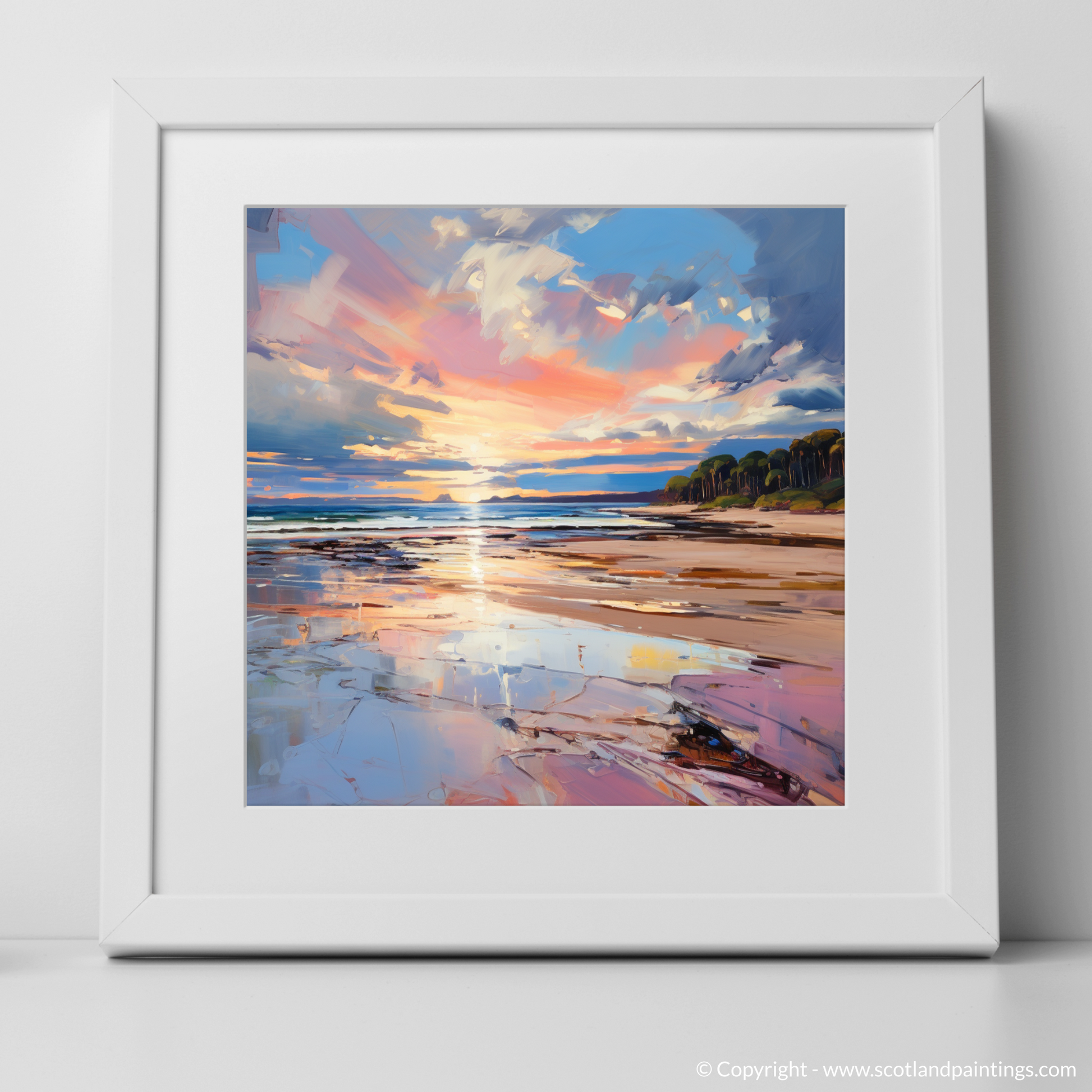 Art Print of Longniddry Beach at sunset with a white frame