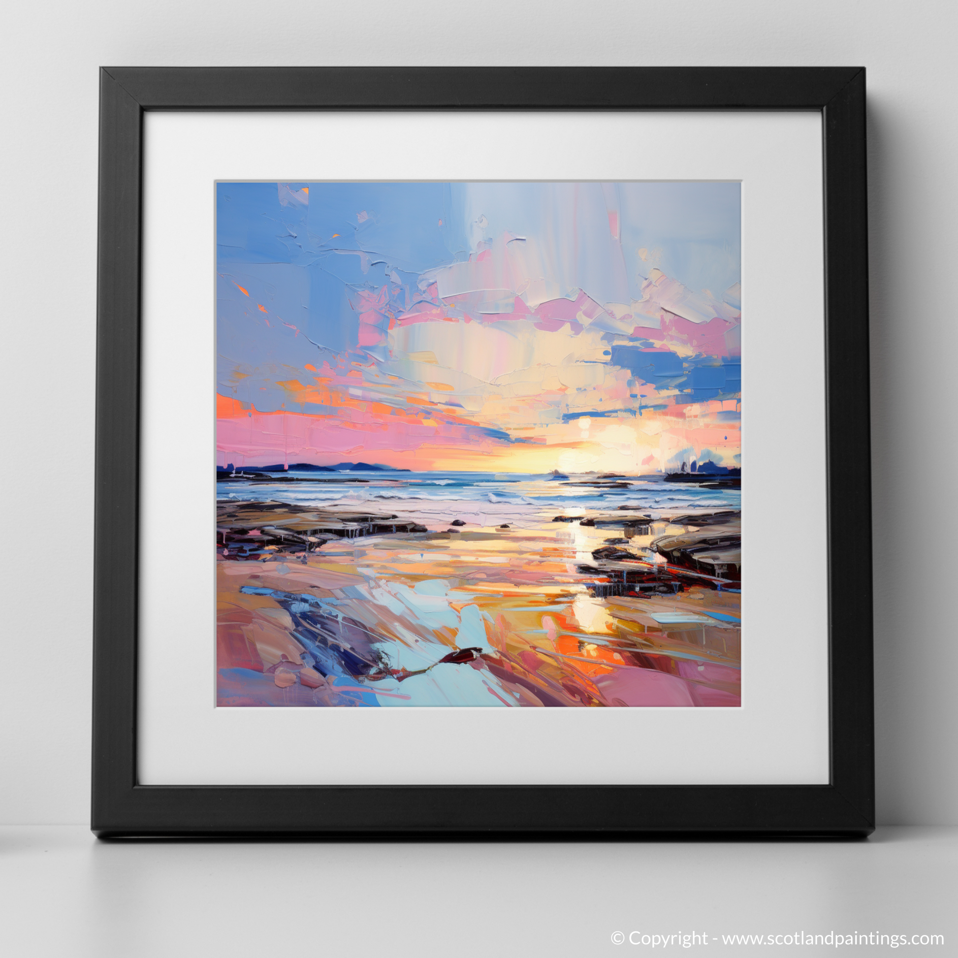 Art Print of Longniddry Beach at sunset with a black frame