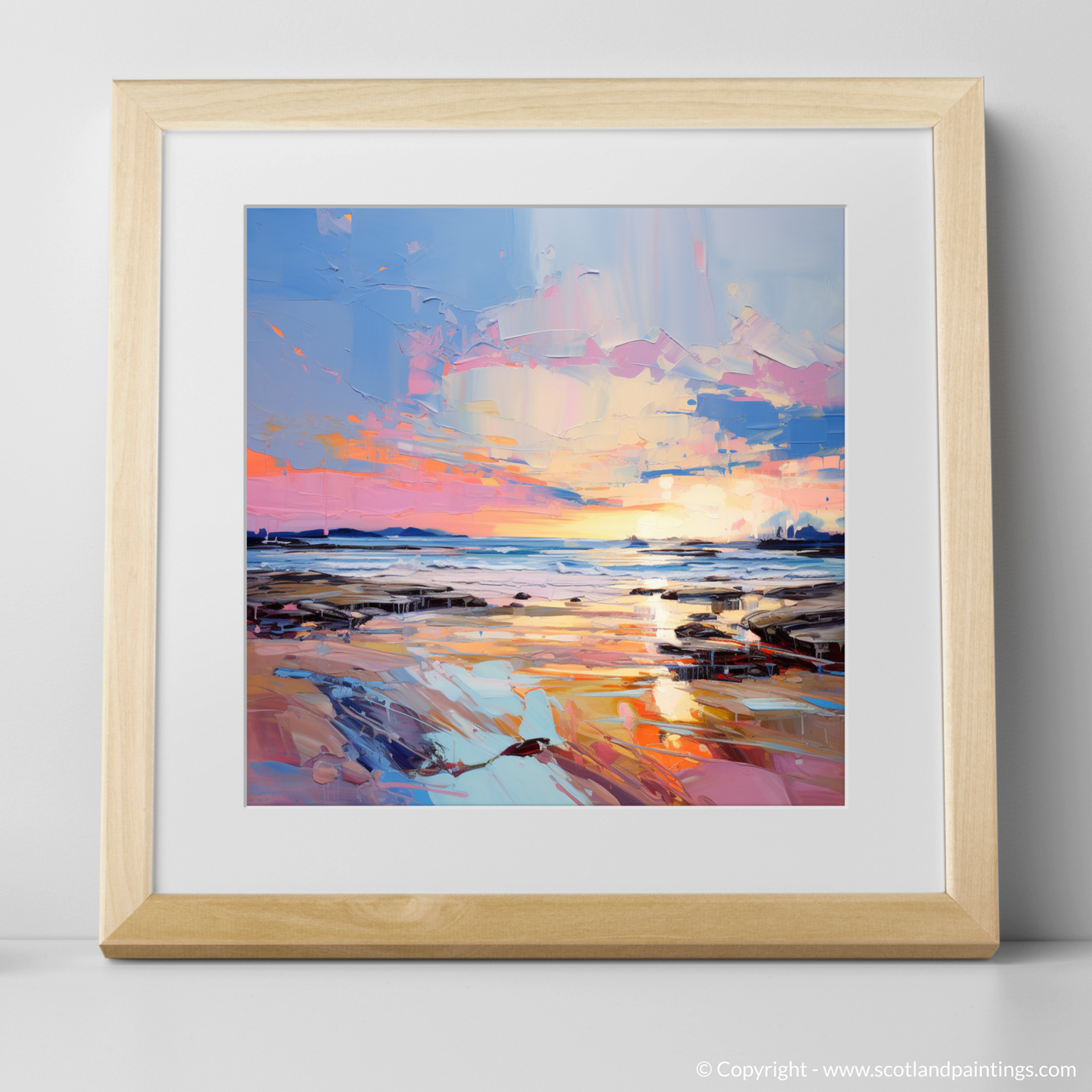 Art Print of Longniddry Beach at sunset with a natural frame