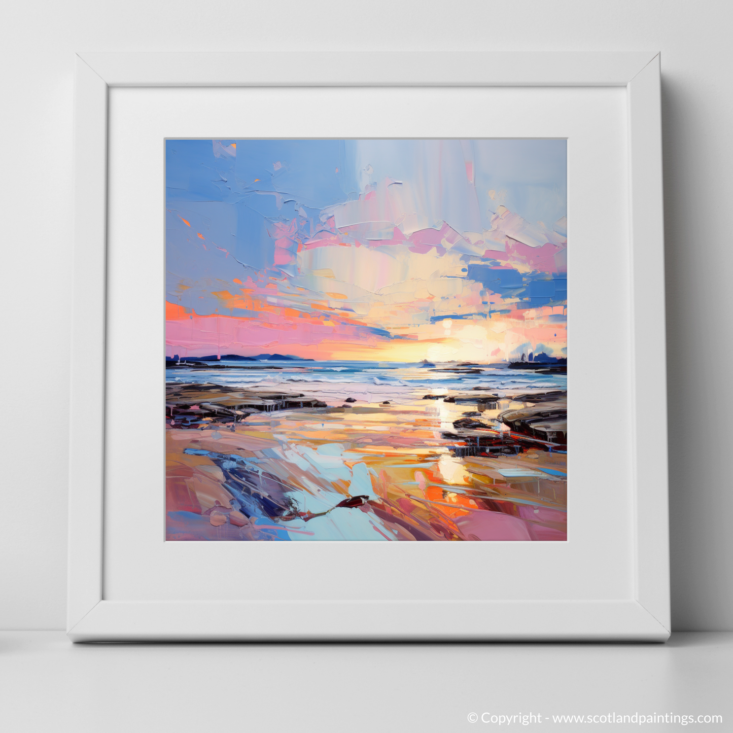 Art Print of Longniddry Beach at sunset with a white frame