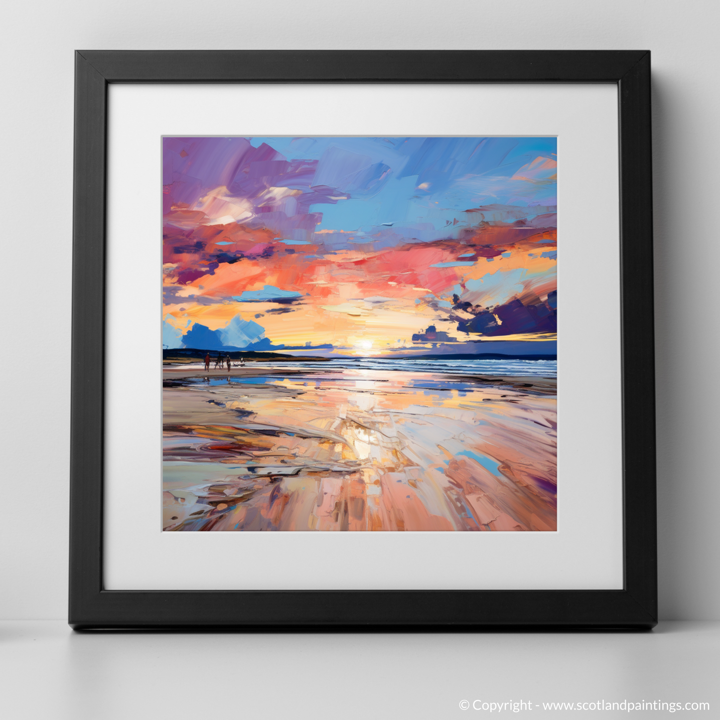 Art Print of Longniddry Beach at sunset with a black frame