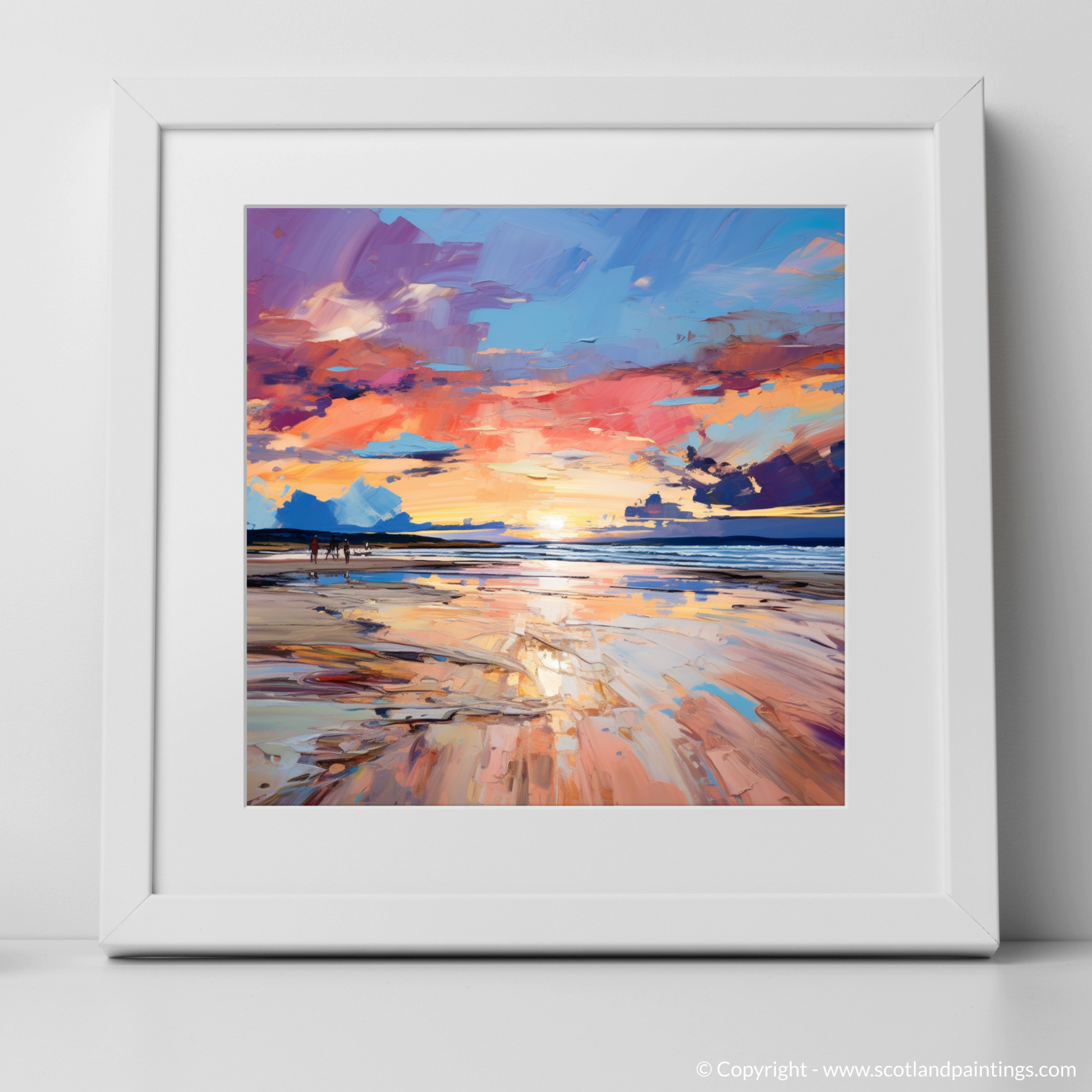 Art Print of Longniddry Beach at sunset with a white frame